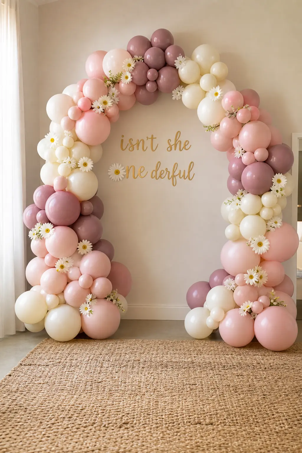 Organic Balloon Arch Backdrop — An organic cluster arch in blush, mauve and ivory reads far more current than a solid color rainbow arch, and it forgives