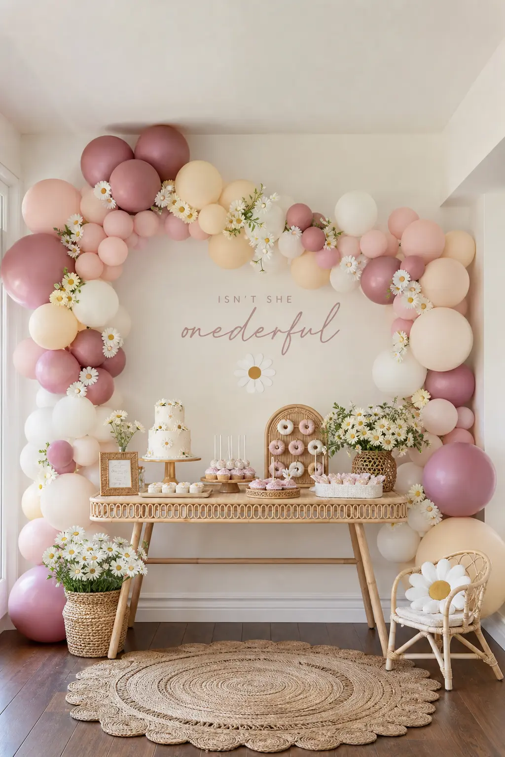 Organic Garland Over the Dessert Table — A garland swagged along the wall above the table gives height without taking up any table space, which matters when