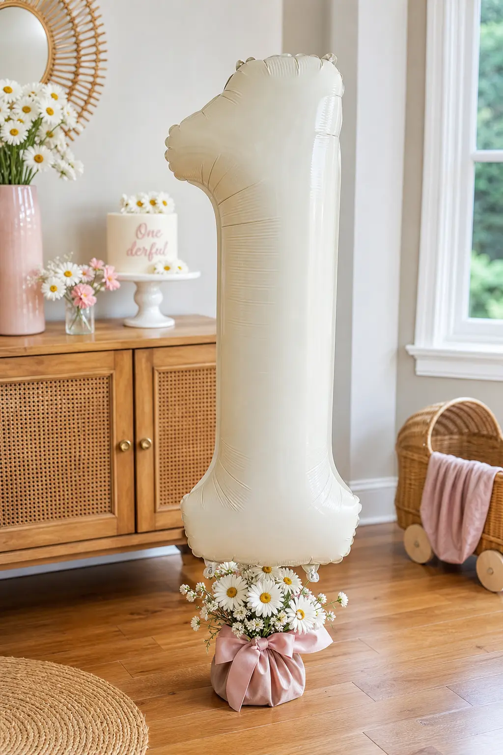 Oversized Ivory Numeral One Balloon — One tall balloon does more visual work than a cluster of small ones, and a wrapped weighted base with fresh daisies at