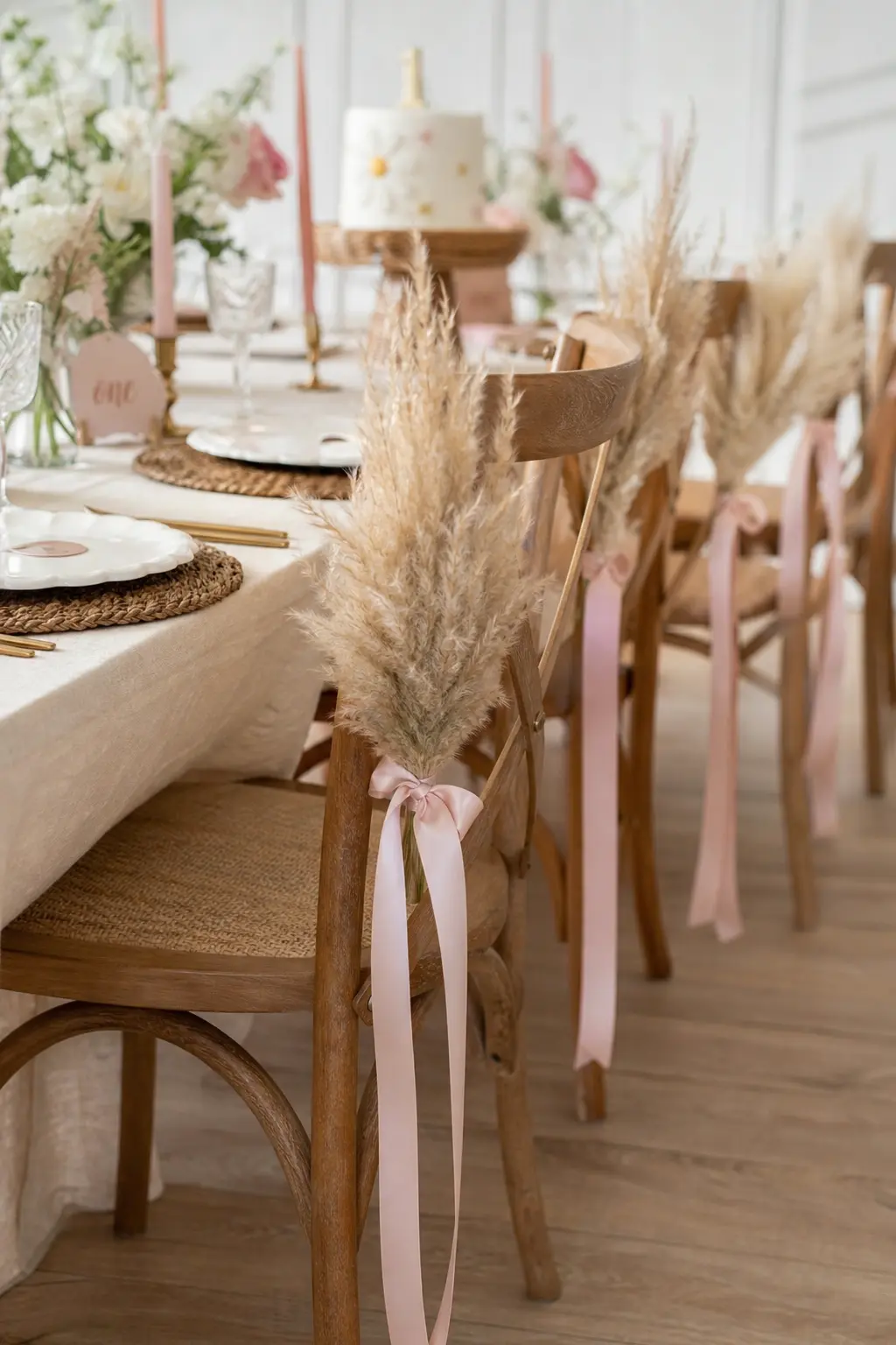 Pampas and Ribbon Chair Back Ties — Dressing the chairs is the cheapest way to make a rented table feel styled, and a small bundle of pampas with a long ribbon