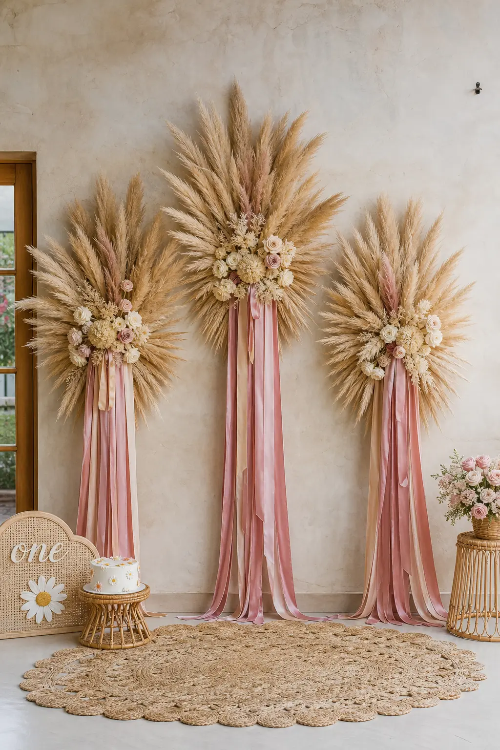 Pampas and Ribbon Fan Backdrop — Dried materials survive heat, last past the party and pack flat for storage, which makes this the practical choice for an