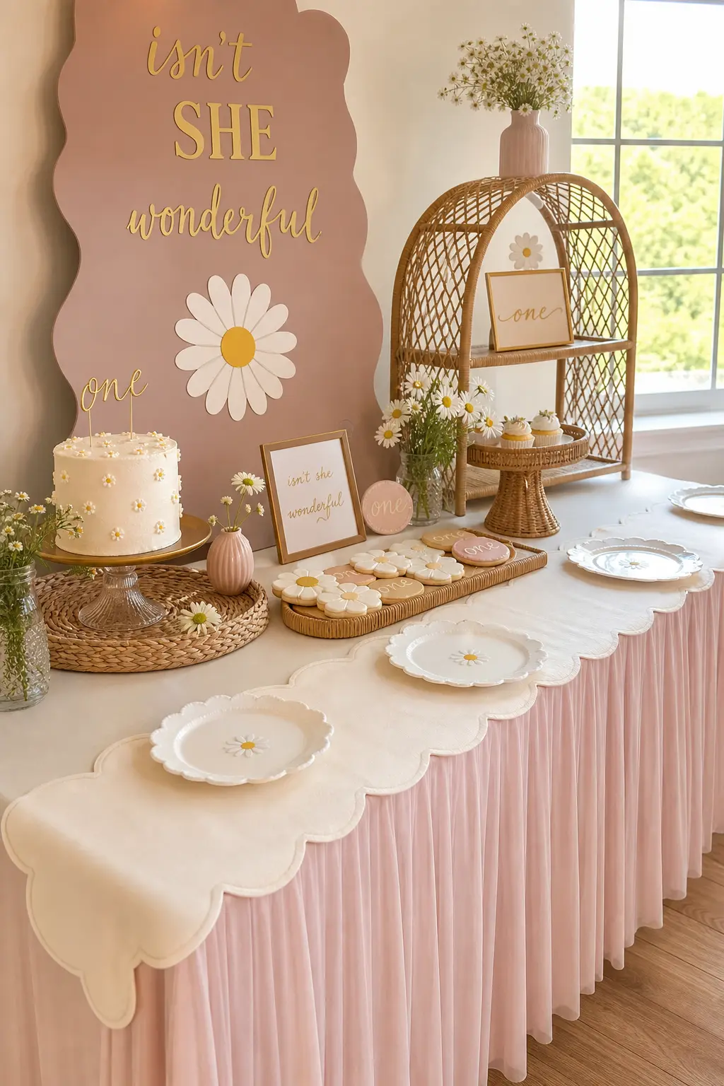 Pleated Blush Tablecloth With Scalloped Runner — The linens set the tone before a single cookie goes on the table, so this is worth getting right first. Isn't