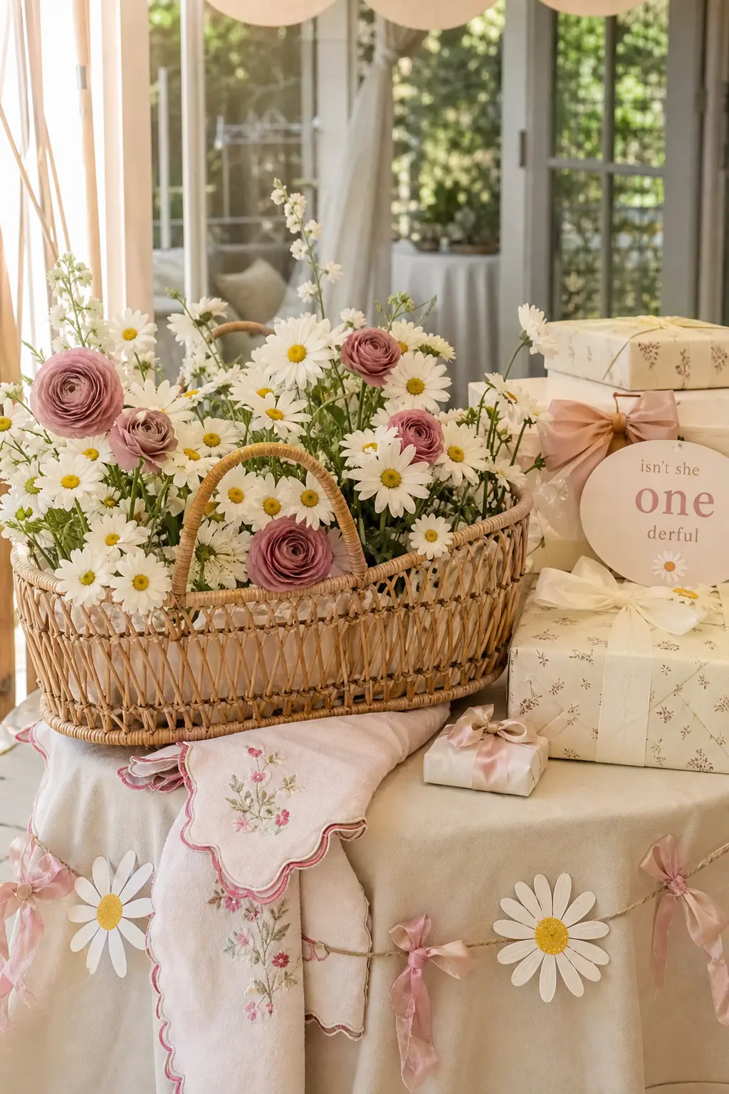 Rattan Bassinet Basket of Fresh Daisies — A vintage looking rattan basket filled with daisies and ranunculus turns the gift table into something worth