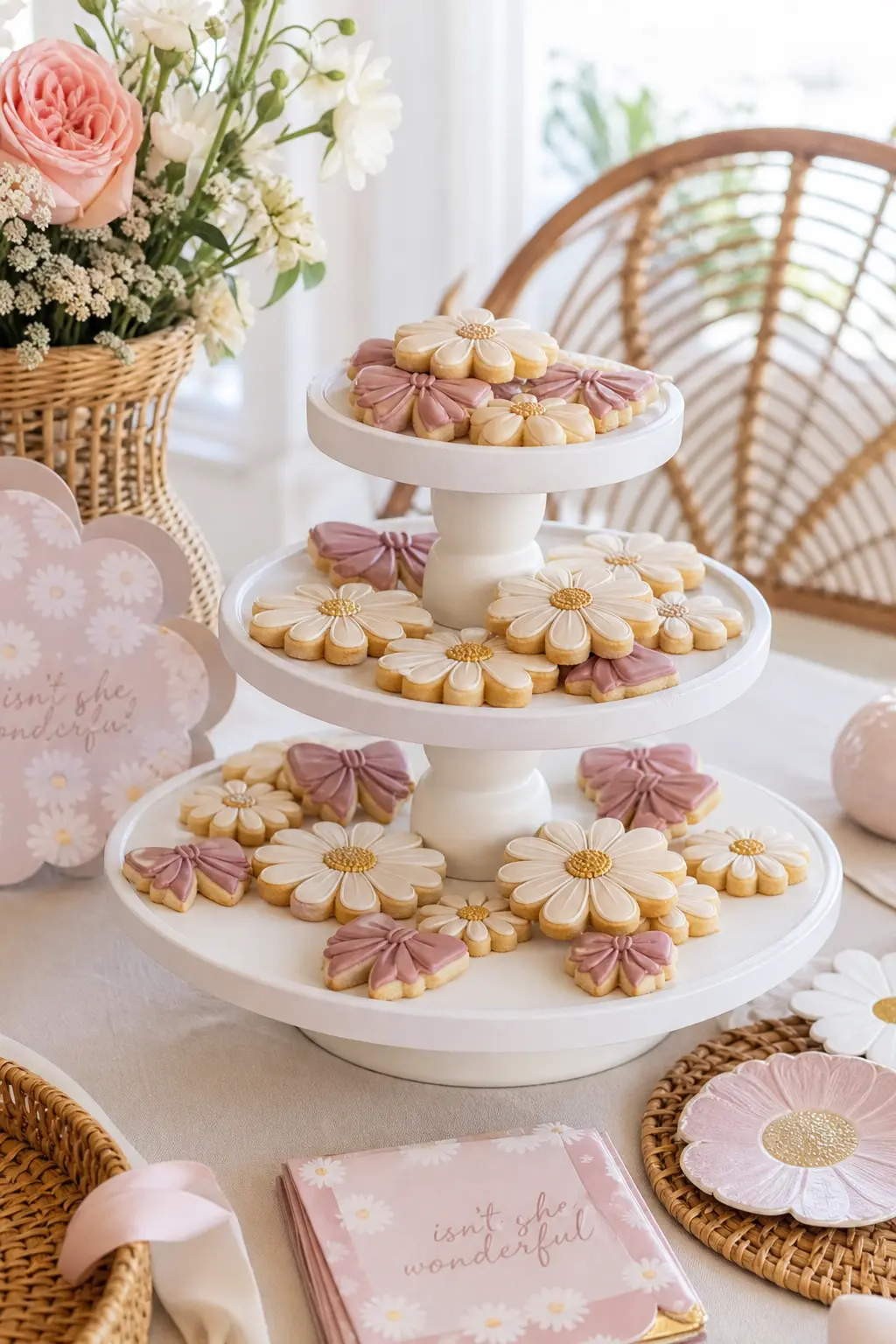 Tiered Daisy Sugar Cookie Display — Cookies hold up better than most treats in a warm room and photograph beautifully stacked. Isn't she onederful birthday