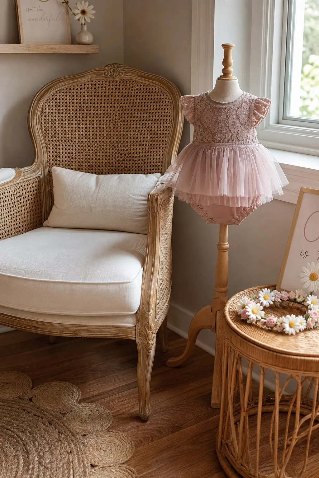 Vintage Armchair and Outfit Display Corner — When there is no wall to spare, a single styled chair does the job of a backdrop. Isn't she onederful birthday