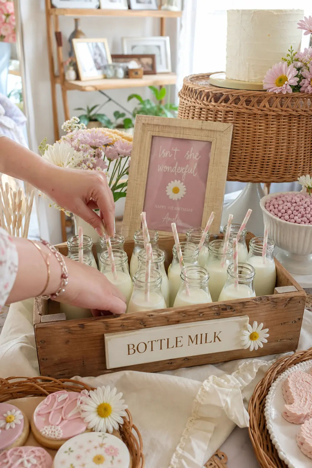 Vintage Bottle Milk Station — A crate of small milk bottles is an easy self serve station that needs zero staffing, and striped straws keep it from looking