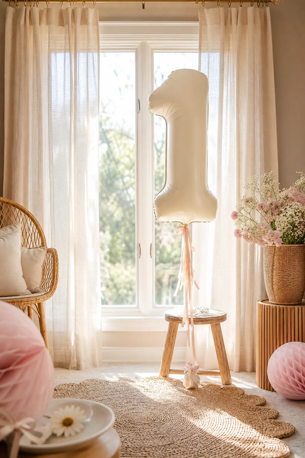 Window Nook With Sheer Curtains and Number Balloon — A window already has good natural light, so use it instead of building a photo zone from scratch. Isn't
