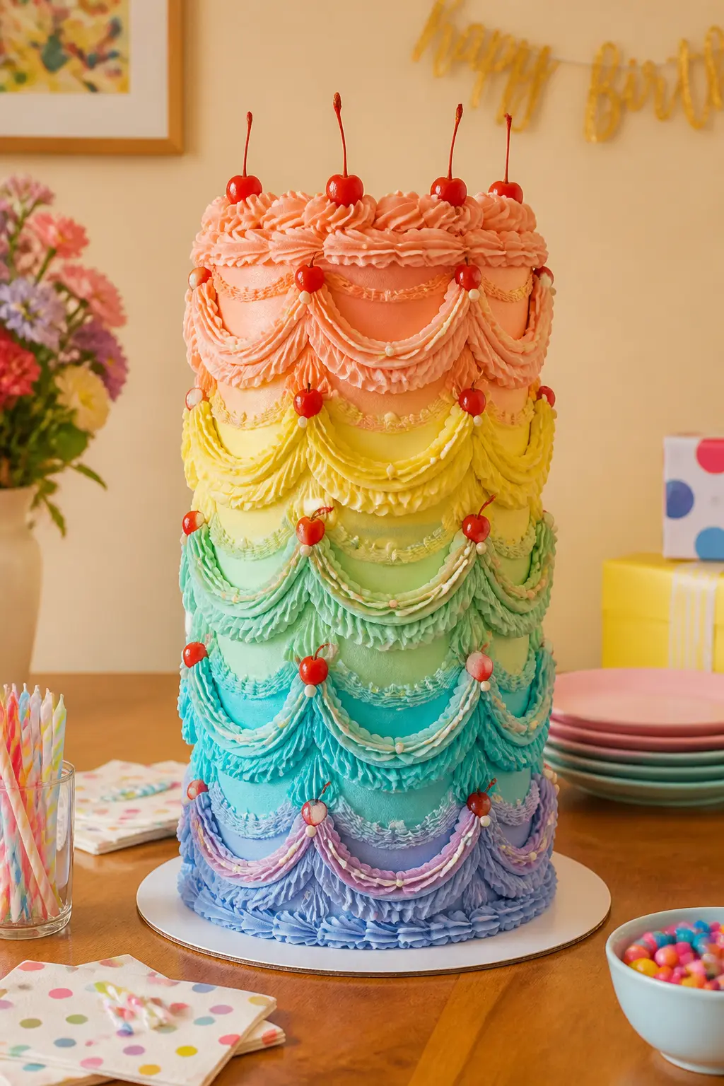 All-Rainbow Swag Tower — Six colours of buttercream, one per horizontal band of swags, stacked from base to top without any blank base coat showing. Lambeth