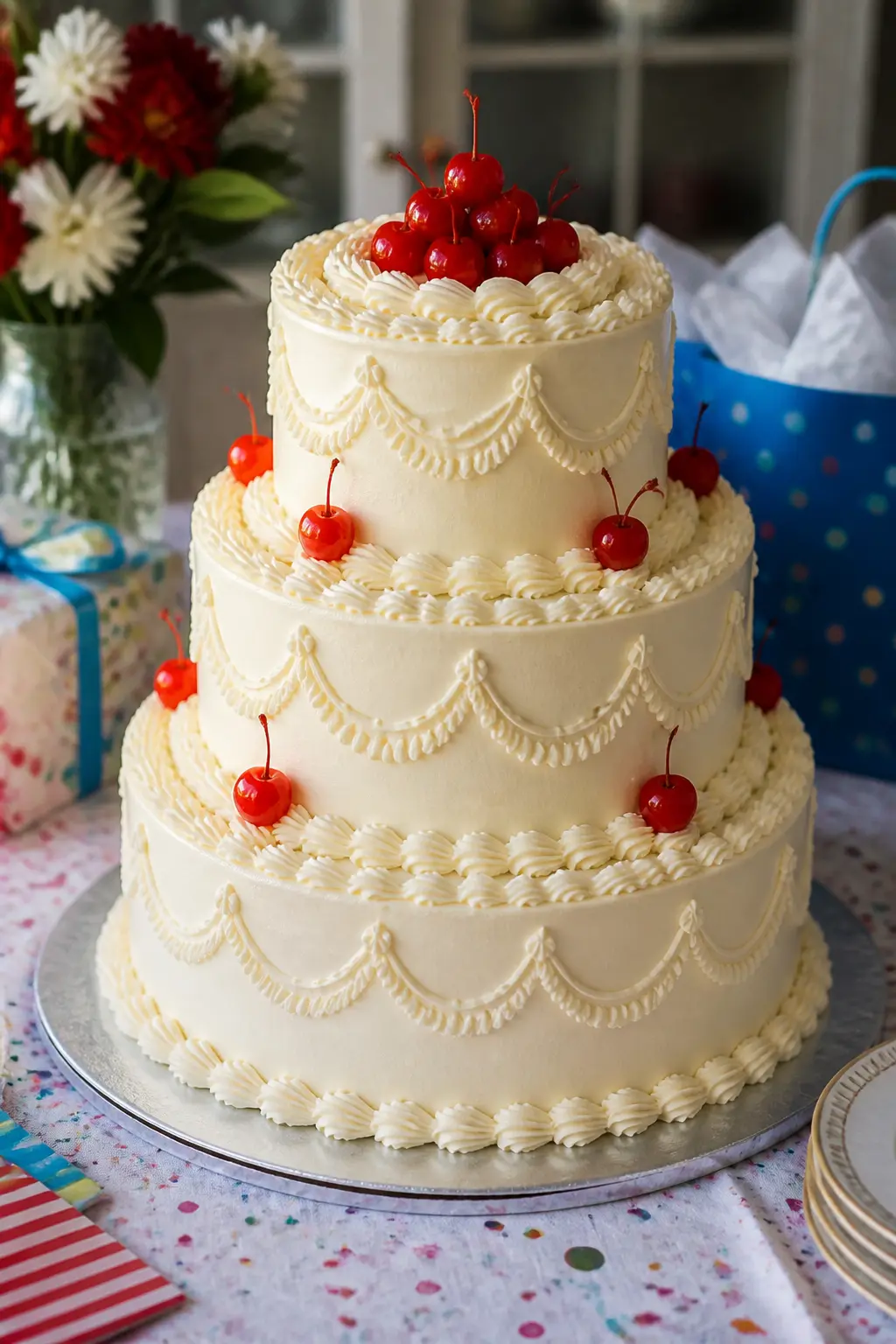 Antique White Column-and-Swag Three-Tier — Three tiers in antique white, with the piped detail also in antique white, is the closest a birthday cake comes to