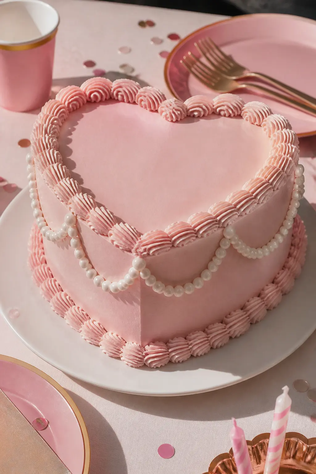 Blush Pink Heart with Pearl Garland — A heart-shaped cake in blush pink with a shell border that follows the entire contour of the heart, then a second shell