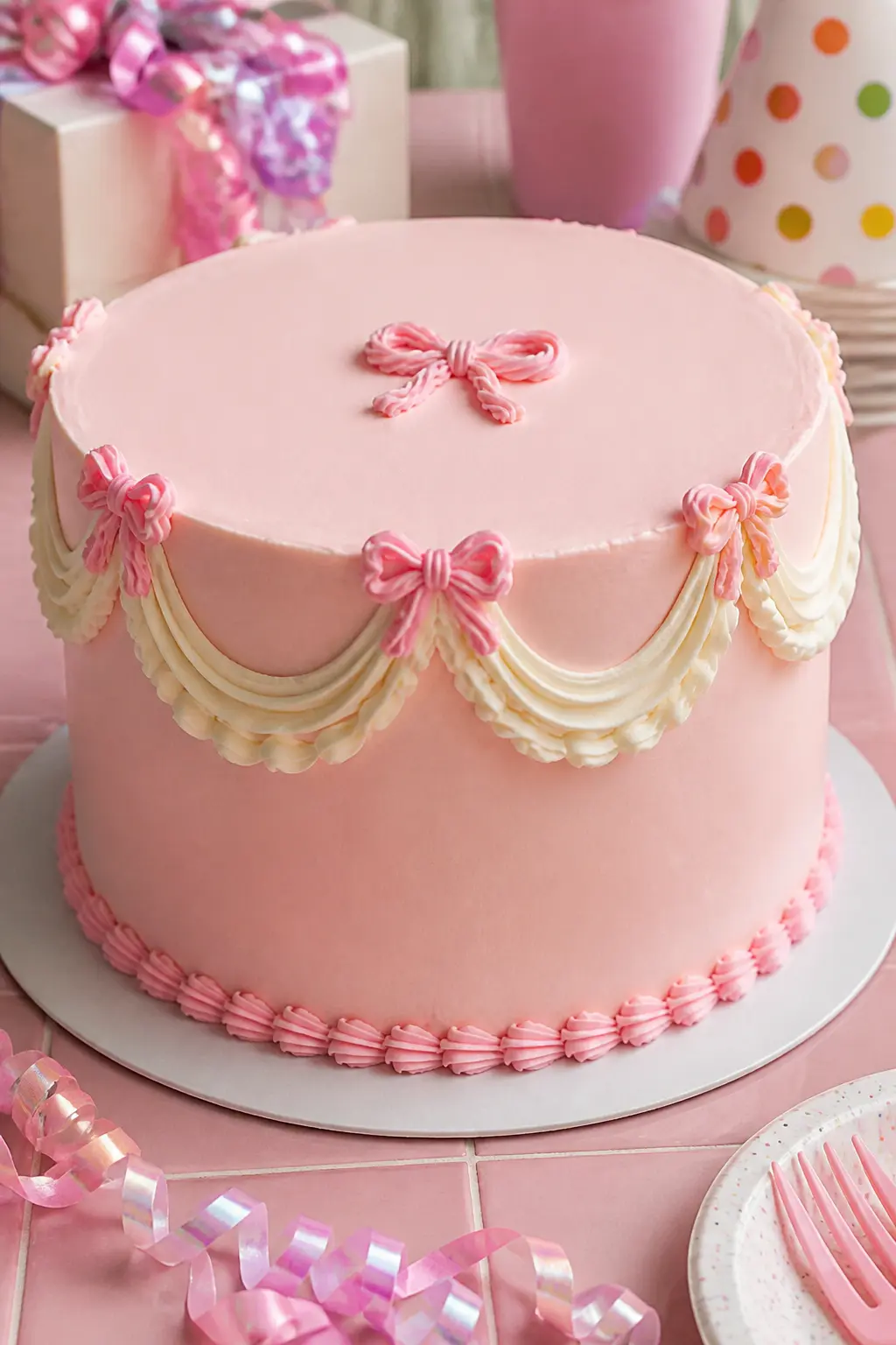 Bow-and-Swag Coquette Cake — The coquette aesthetic, all bows and soft pink and deliberate prettiness, translates directly into Lambeth piping. Lambeth