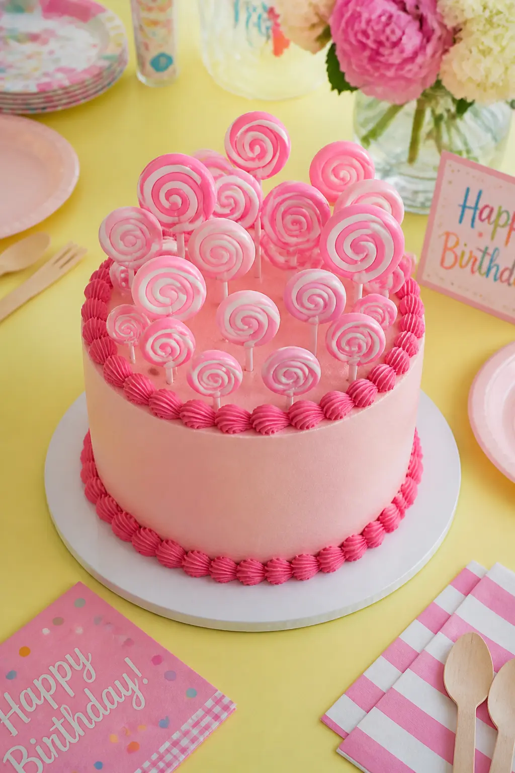 Candy Shop Lollipop Topper Cake — Miniature lollipop picks in pink, red and white swirl patterns cluster on the top surface of a pale pink Lambeth-bordered
