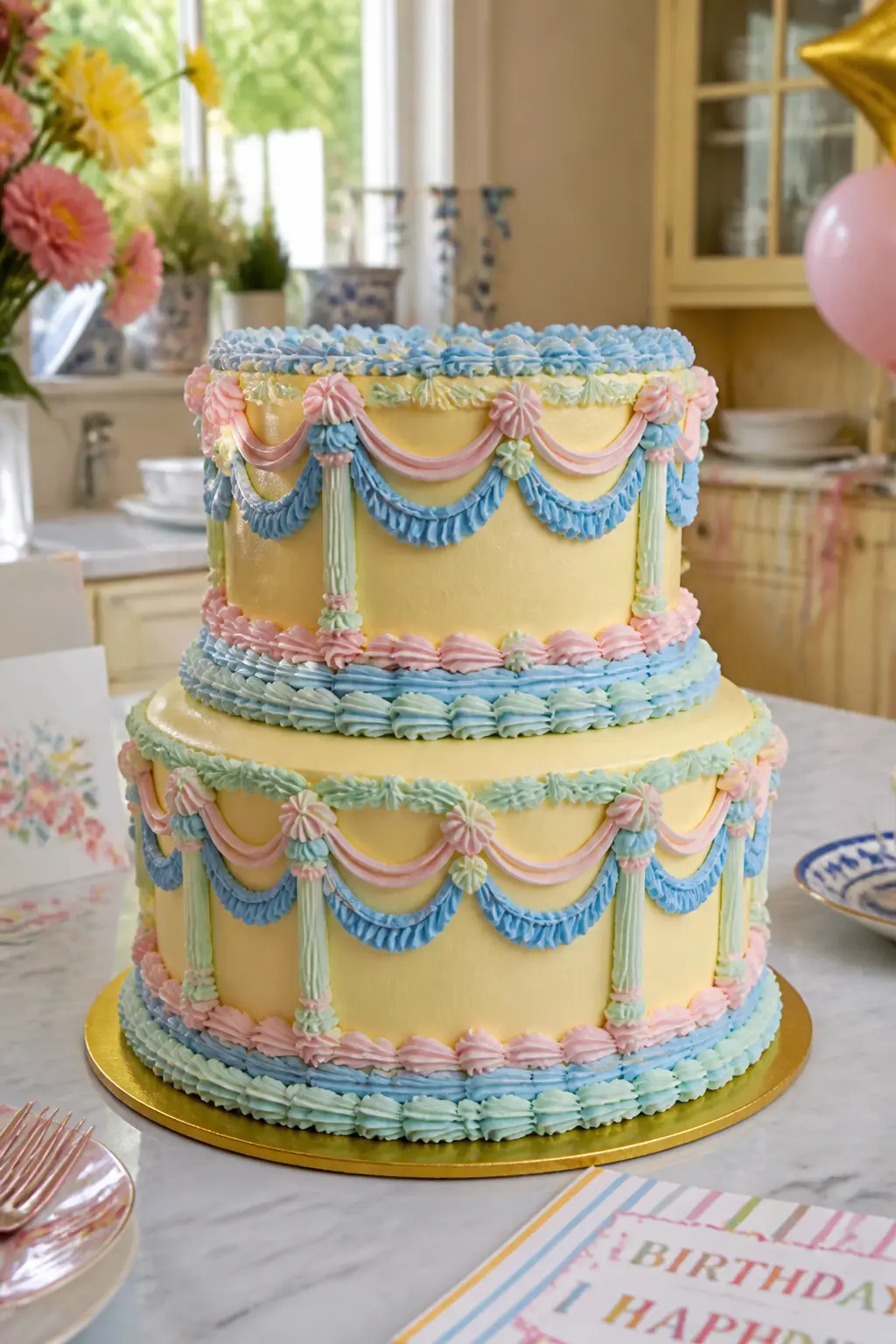 Cathedral Yellow Two-Tier Vintage — Lemon yellow is the historical base coat for the most elaborate Victorian-era Lambeth cakes, and it still carries that