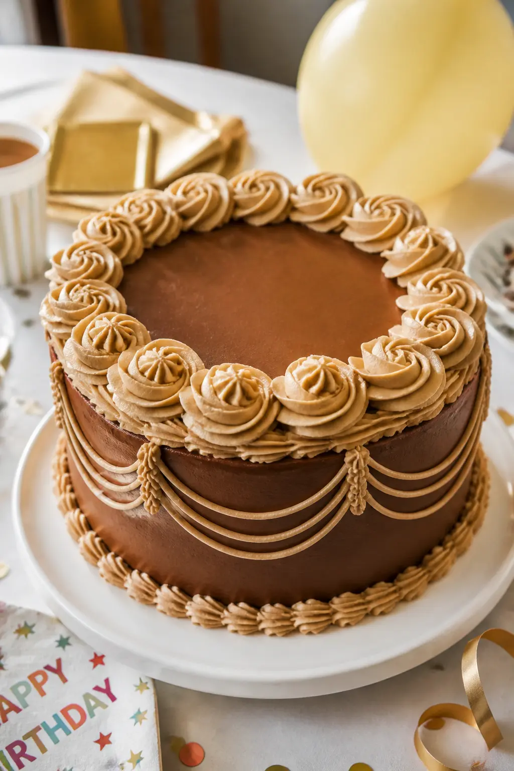 Chocolate Brown with Champagne Swags — Chocolate-brown buttercream is rare in Lambeth work, which is exactly why it reads as fresh. Lambeth birthday cakes