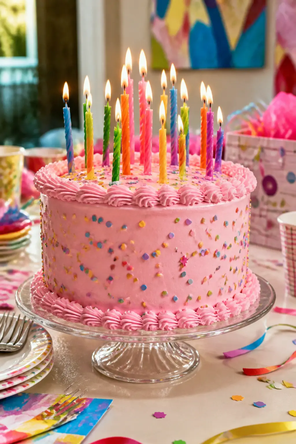 Confetti Sprinkle Lambeth with Twisted Candles — Confetti-style sprinkle mix pressed across the smooth base coat of the cake body, between the Lambeth borders