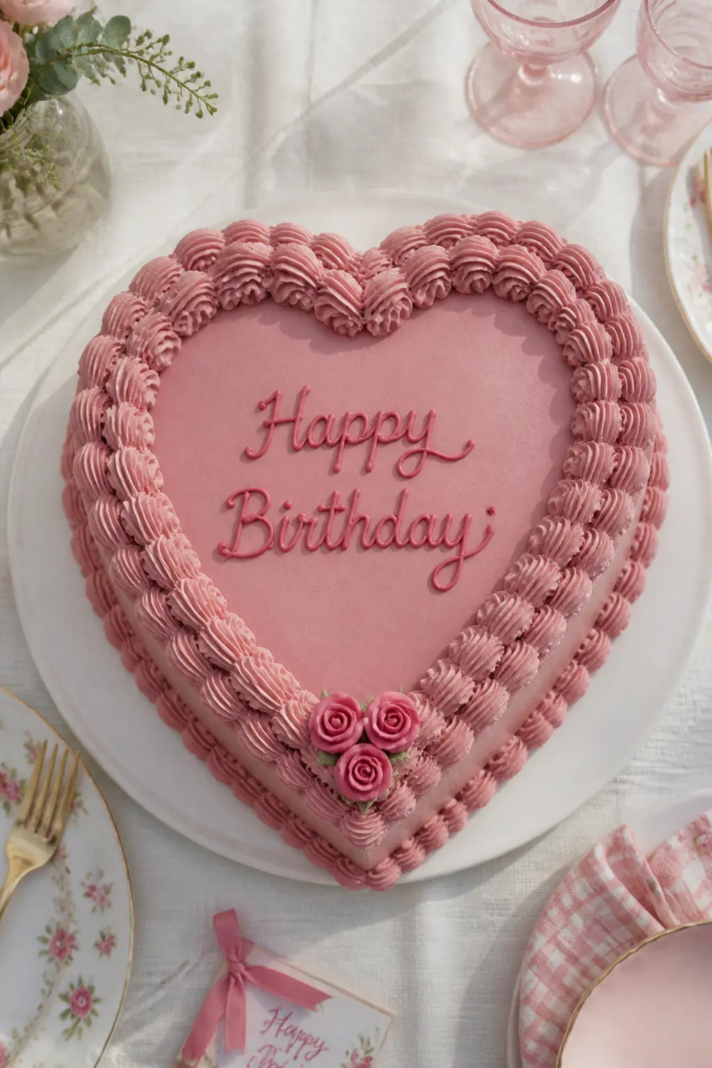 Dusty Rose Heart with Inscription — The top surface of a heart cake is a natural billboard, and the Lambeth border that runs around it is the frame. Lambeth