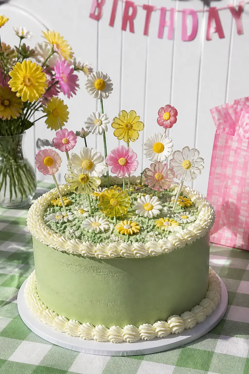 Flower and Candy Pick Garden Cake — Piped buttercream daisies, resin flower picks and small hard-candy flower shapes mixed together on the top of a cake create