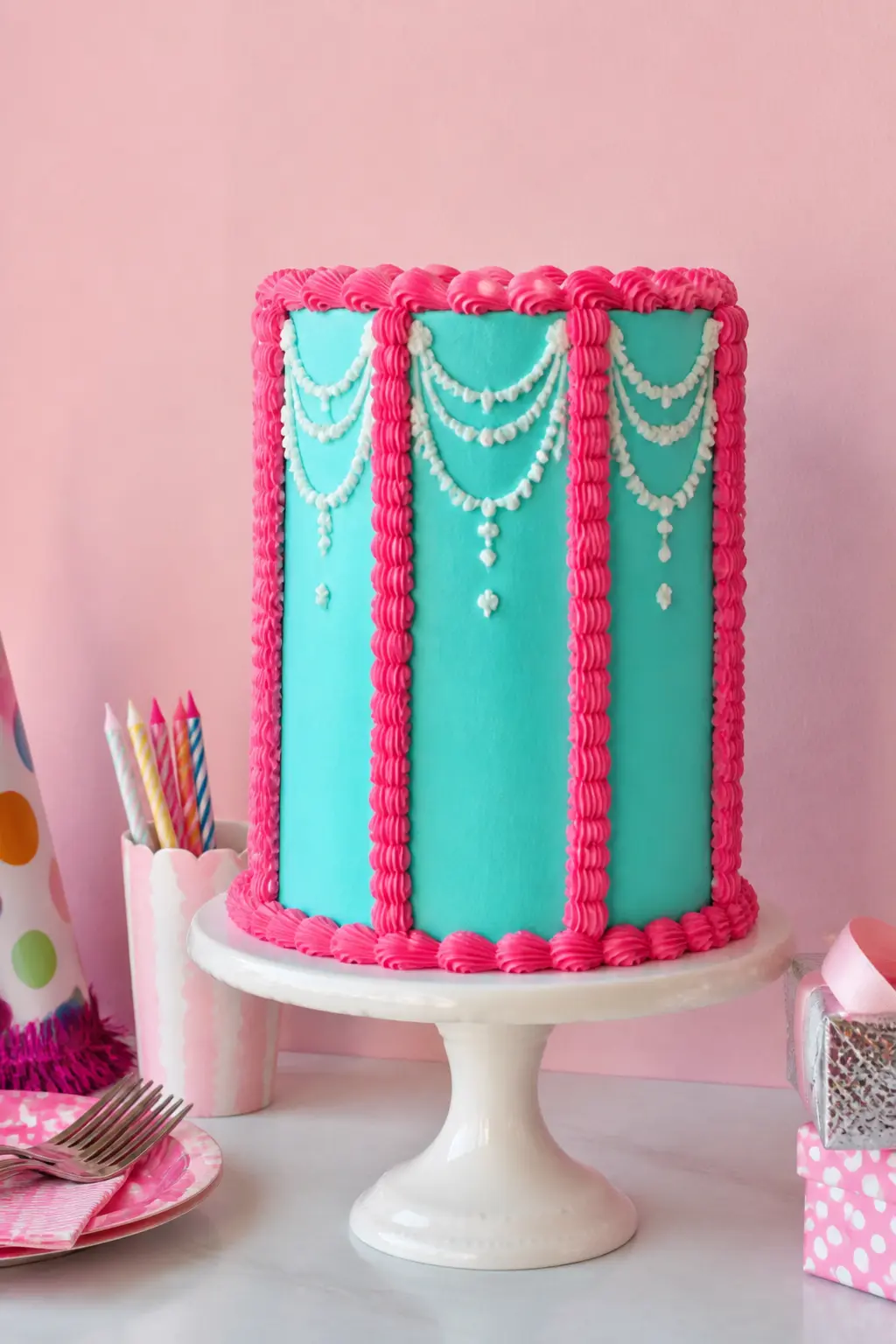 Hot Pink and Aqua Column Cake — Piped columns or vertical ropes divide the side of the cake into panels, and each panel holds its own small arrangement of