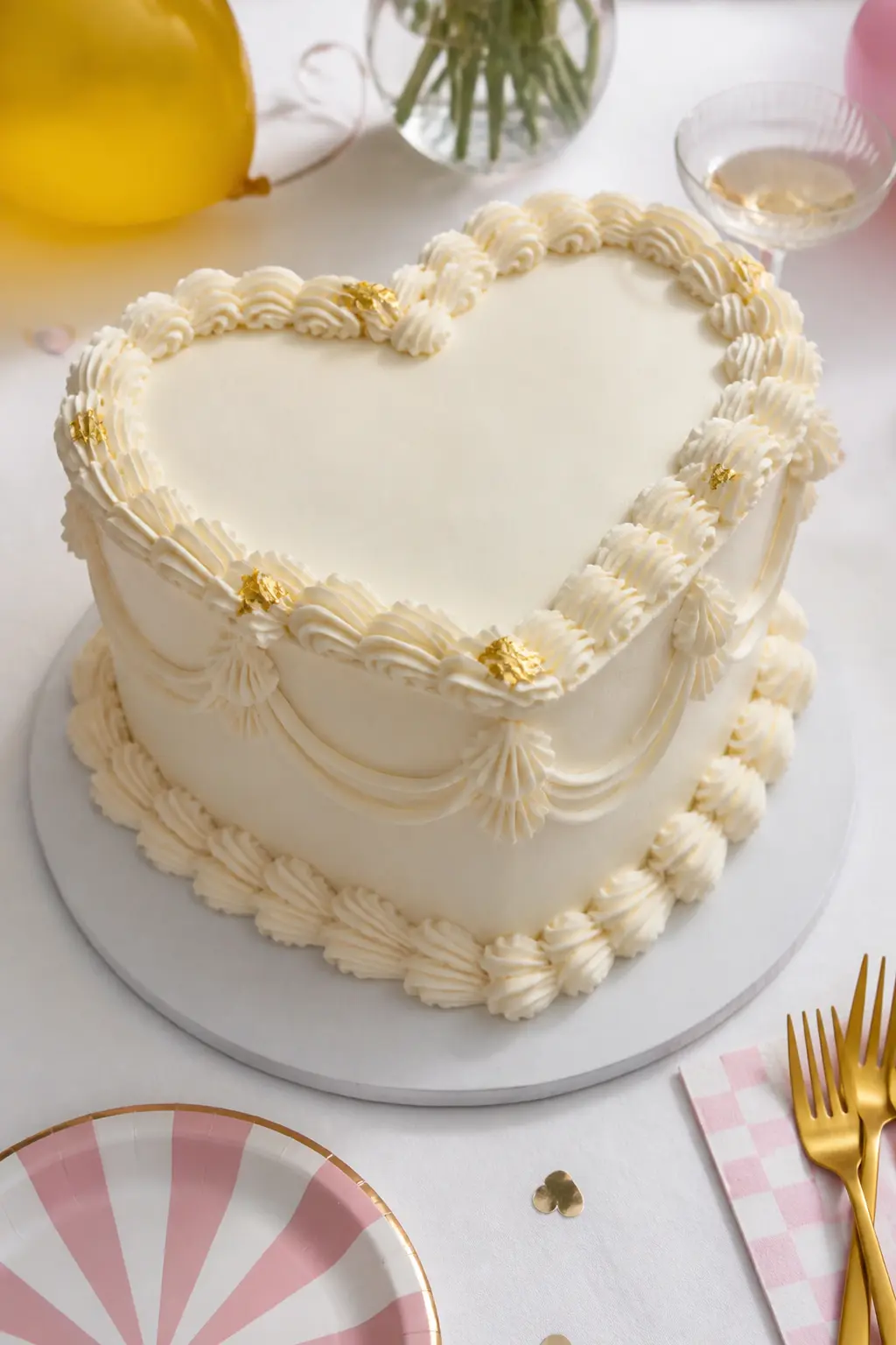 Ivory Heart with Gold-Leaf Swags — Ivory buttercream is the most sophisticated base coat for a heart cake when the occasion is an adult milestone. Lambeth