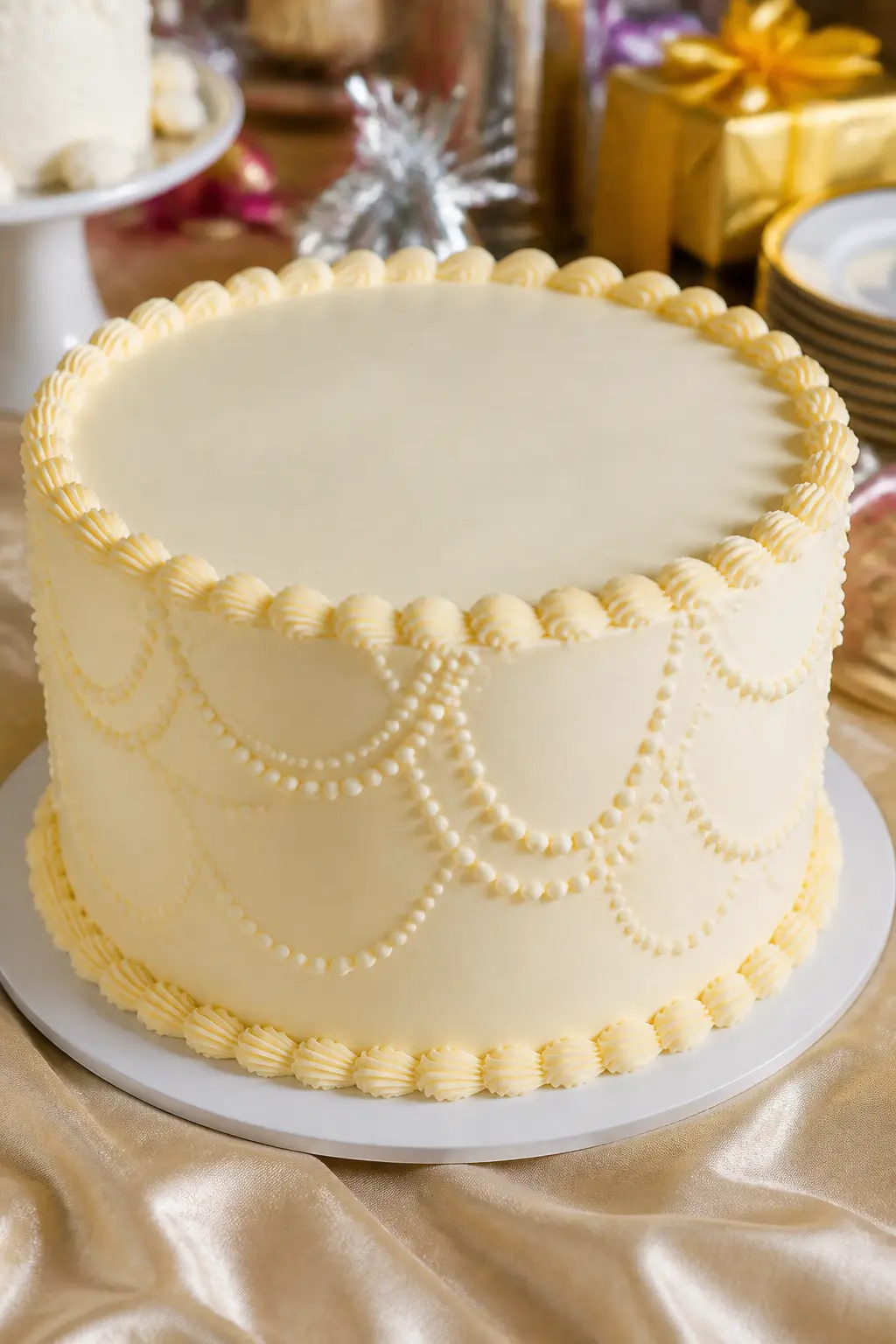 Ivory with Scattered Pearl Strands — Pearl strings draped across the side of a cake in looping patterns, pressed lightly into a smooth ivory base coat before