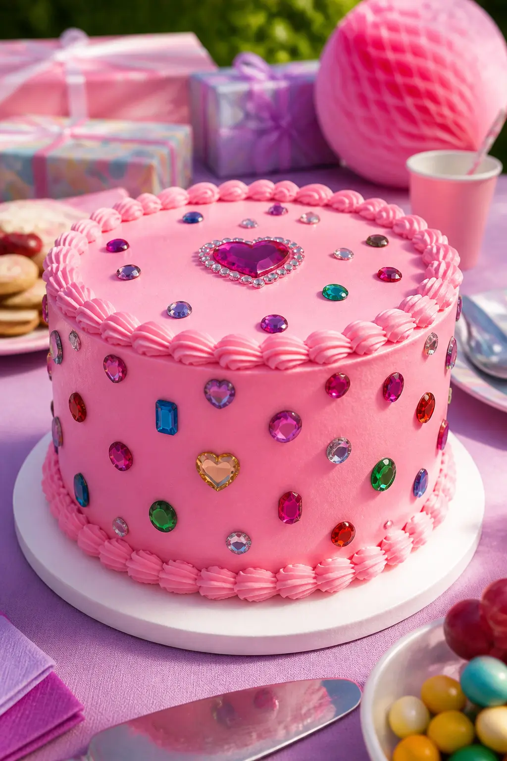 Jewel Gem Heart-Bejewelled Pink — A round single-tier cake in deep candy pink, with gem-shaped acrylic or edible decorations pressed directly into the smooth