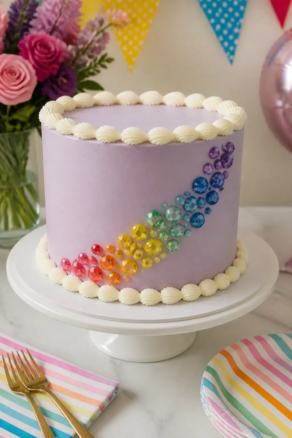 Lilac with Coloured Gem Rainbow — This design arranges the gems not randomly but in a deliberate arc from the base border to the top border, so the side of the