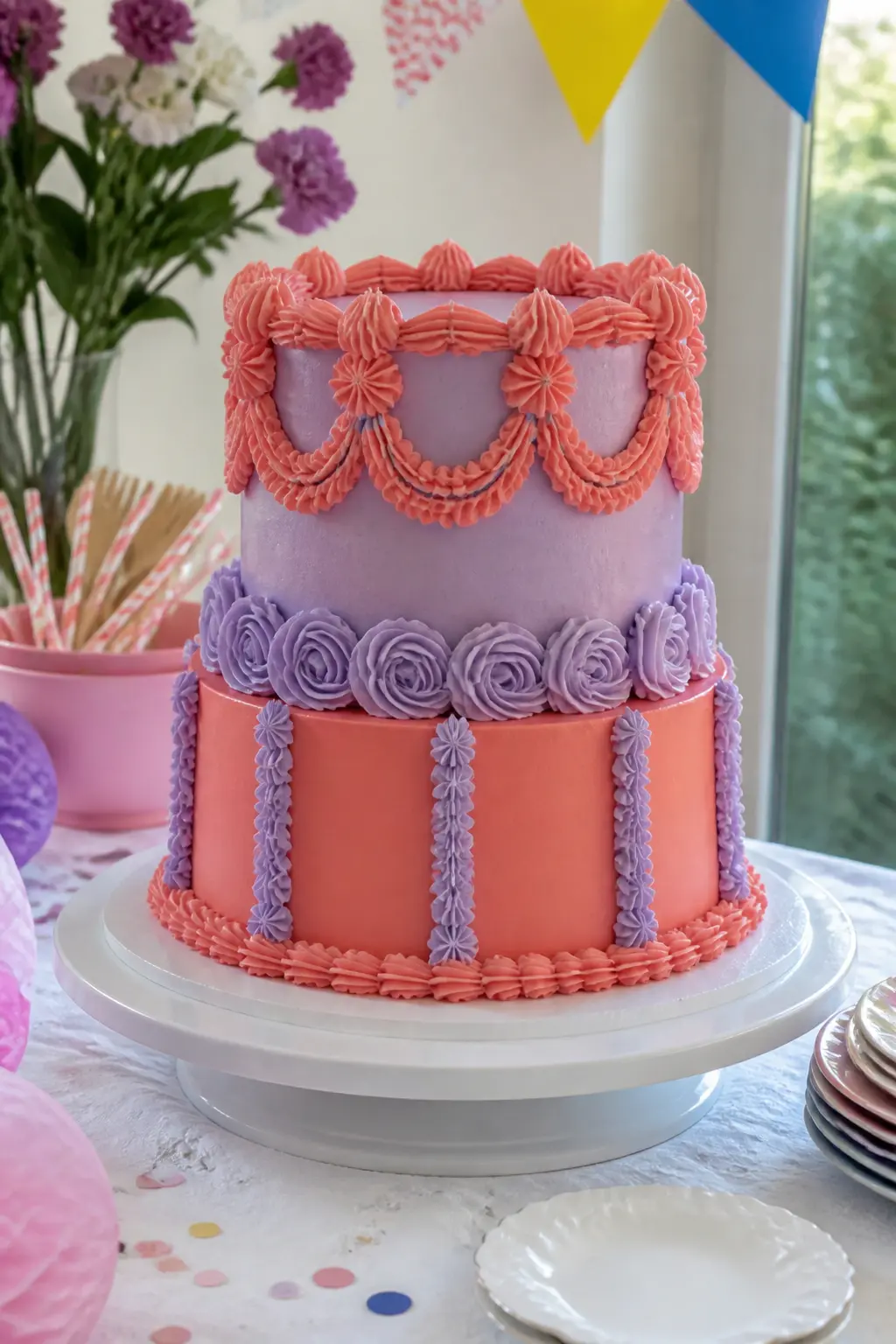 Lilac and Coral Cascade Two-Tier — Two tiers let the Lambeth cascade truly work: swags on the top tier fall in line with the columns on the bottom tier, so the