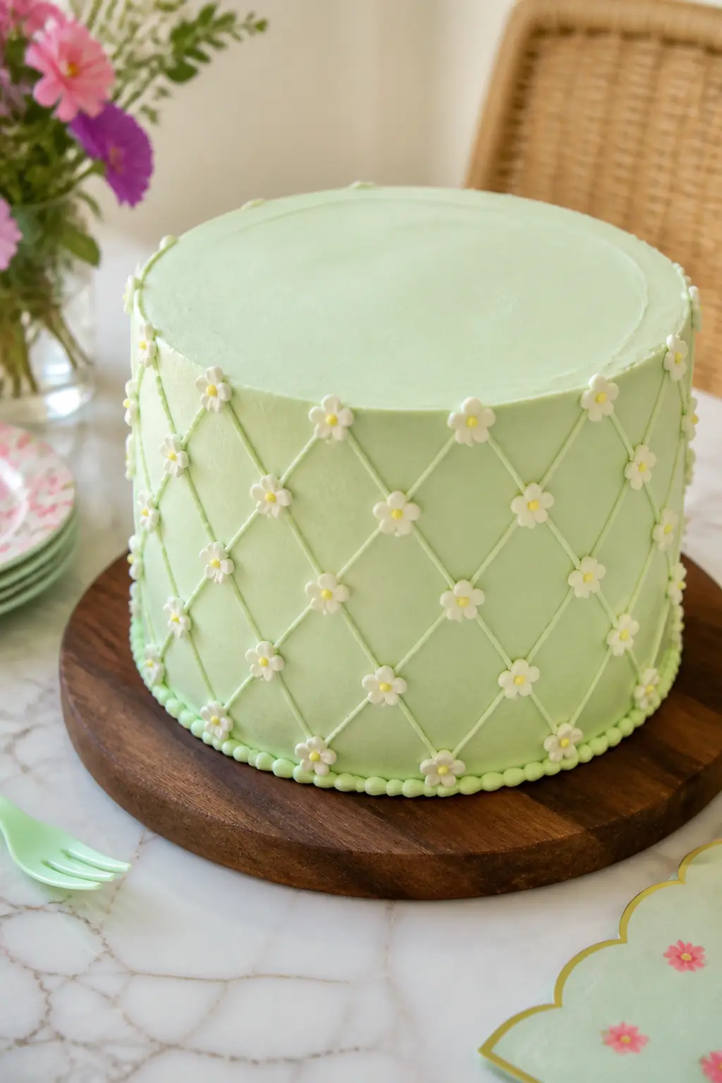 Mint Green Forget-Me-Not Blossom Cake — Tiny five-petal blossoms piped directly onto the side of a mint green cake look hand-embroidered rather than piped.