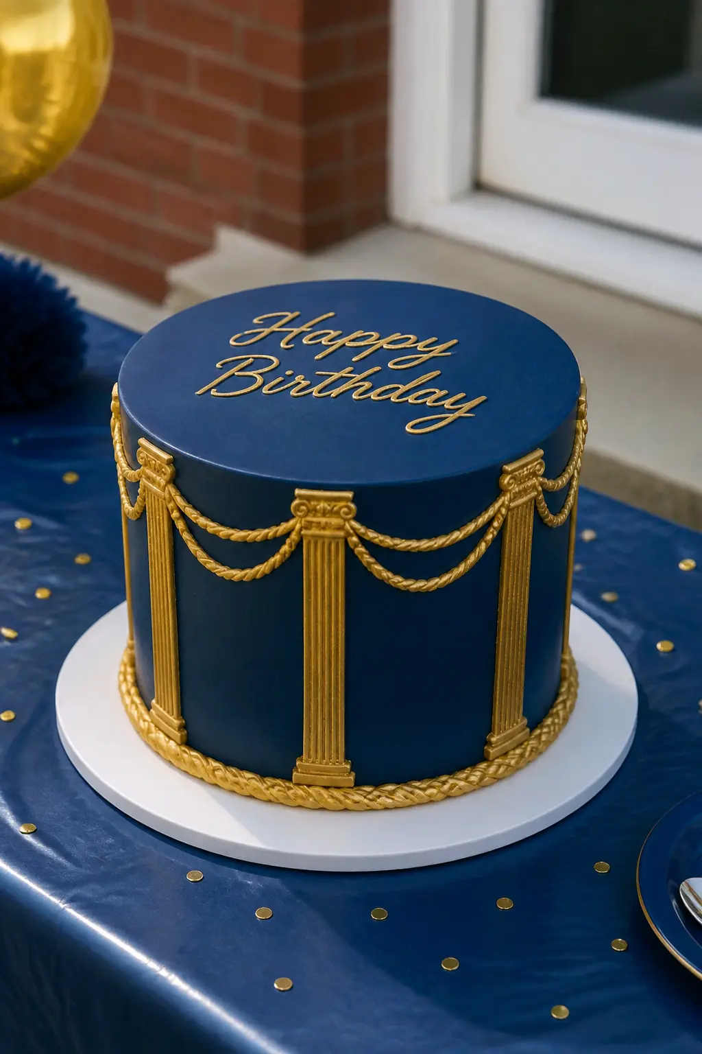 Navy and Gold Formal Column Cake — Navy blue is the most formal base coat in the Lambeth world, and it pairs with gold piping to create a cake that reads as