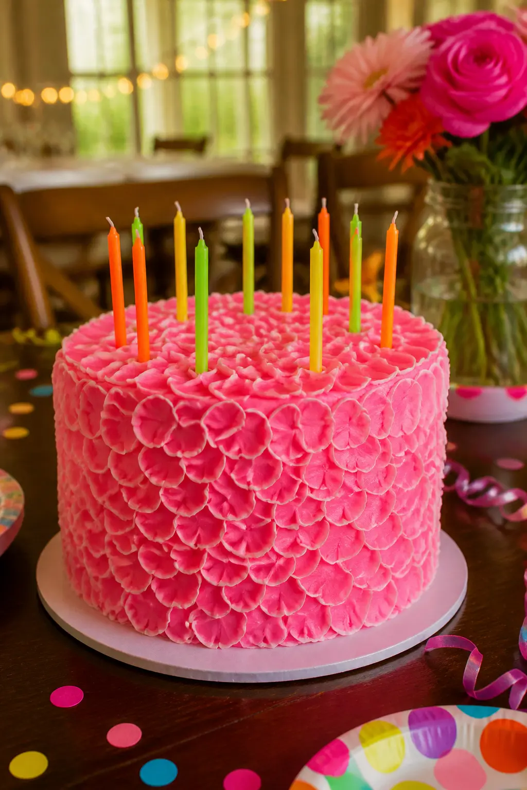 Neon Candle Pink Ruffle Party Cake — When the candles are neon, the rest of the cake has to hold its own. Lambeth birthday cakes