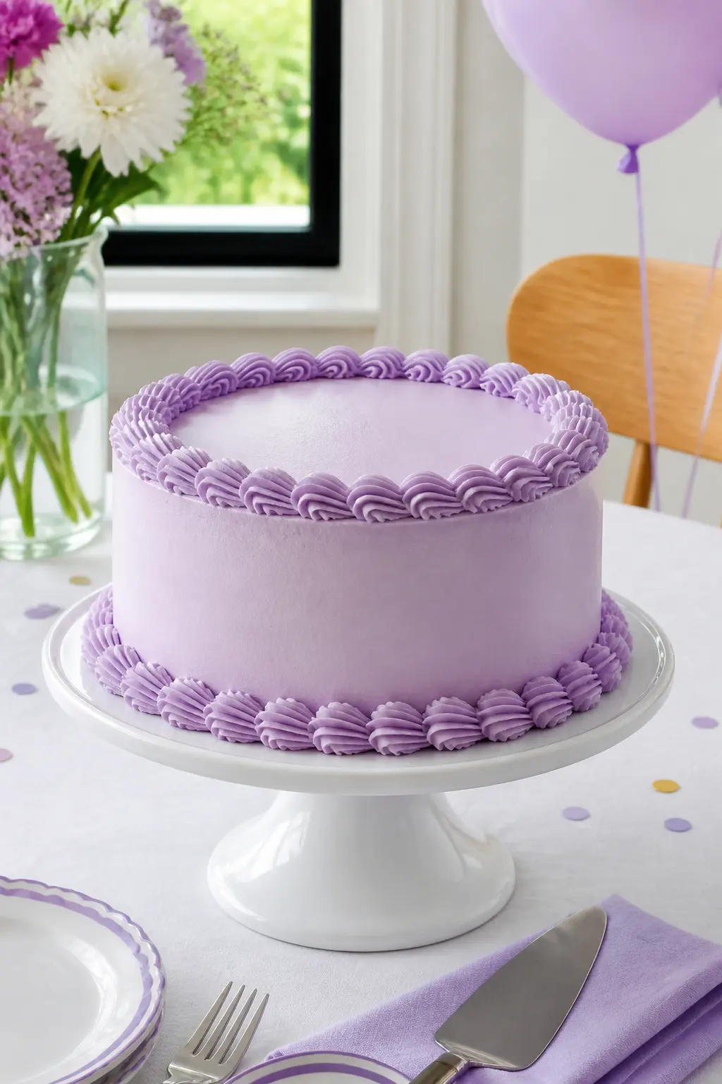 Pale Lilac Shell-Border Round — A single round tier in pale lilac buttercream sets the base. Lambeth birthday cakes