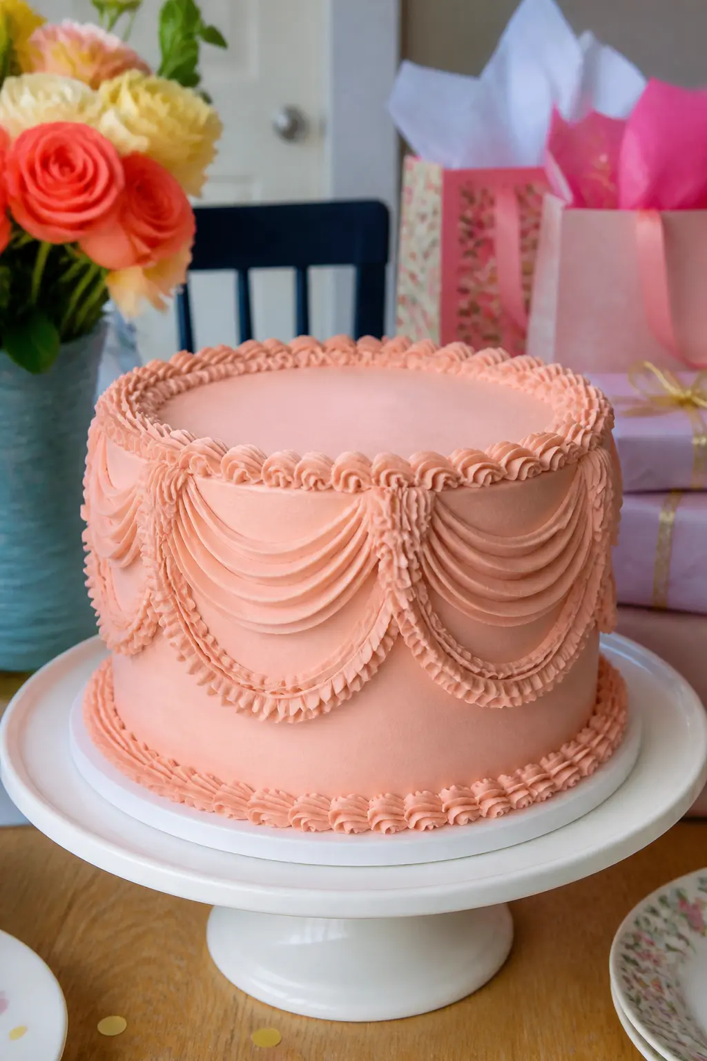 Peach Blush Curtain-Swag Cake — Curtain swags are the detail that makes a Lambeth cake look most like Victorian plasterwork. Lambeth birthday cakes
