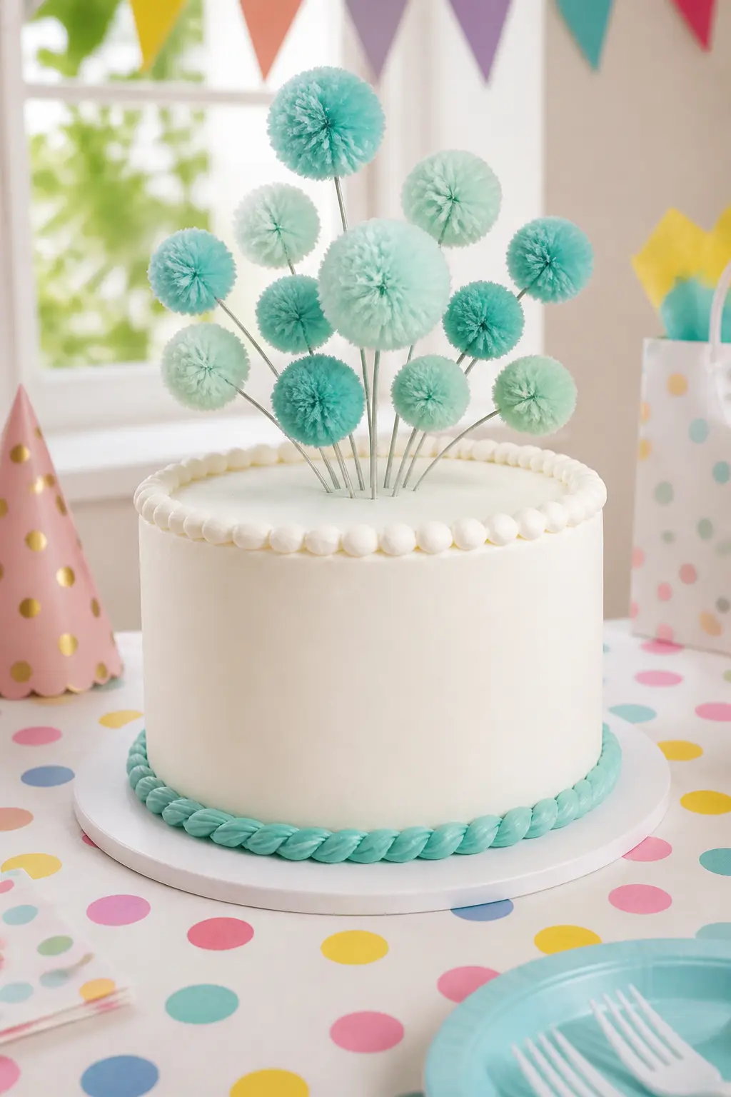 Pom-Pom Cloud and Pastel Spiral Candle Cake — Pale teal pom-pom toppers, the kind made from small craft pompoms threaded onto thin wire cake picks, look like