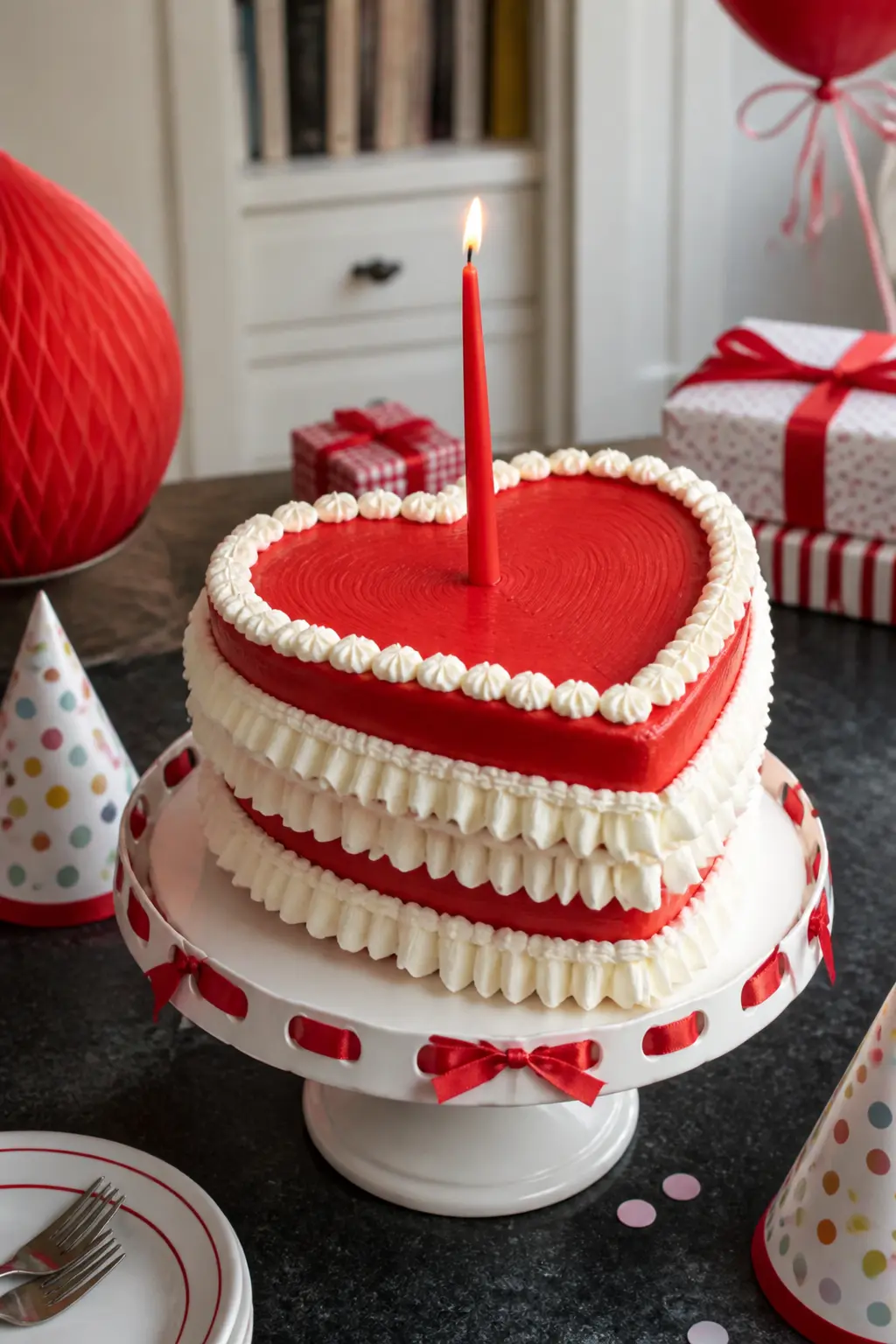 Red Heart with White Ruffle Tiers — A red heart-shaped base coat paired with white petal-tip ruffles creates the strongest colour contrast in this group.