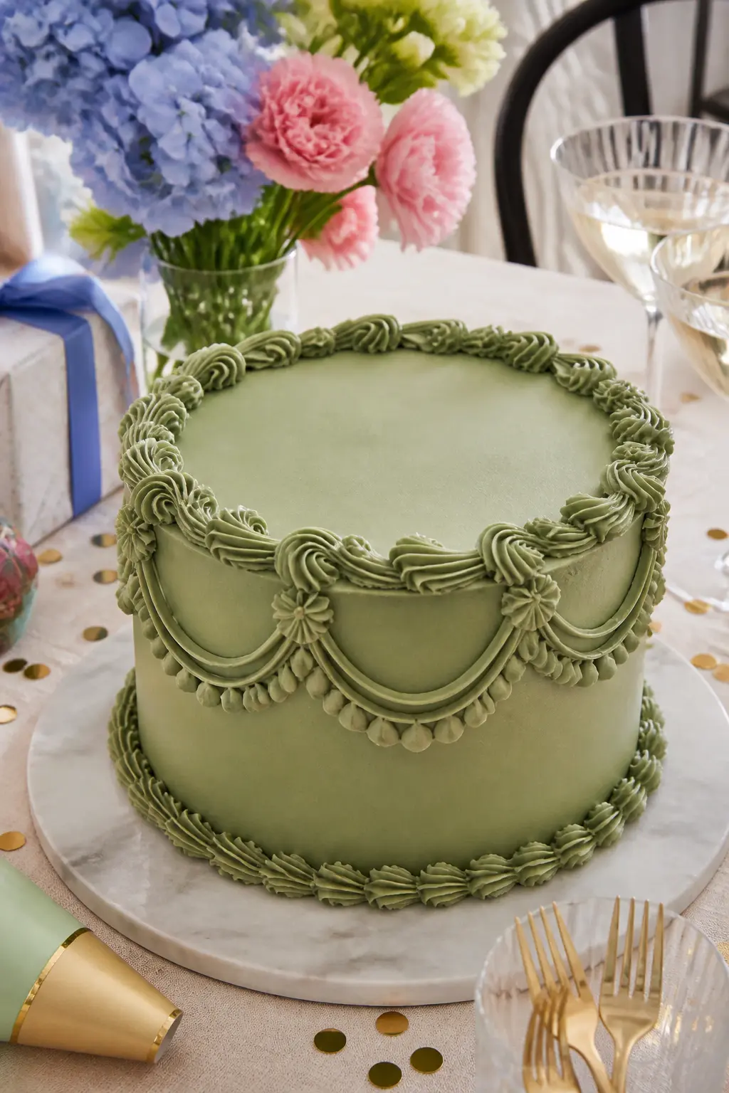 Sage Green Swag-and-Drop Single Tier — Sage green is the quietest colour in the Lambeth revival, and it suits adult birthdays that want elegance over
