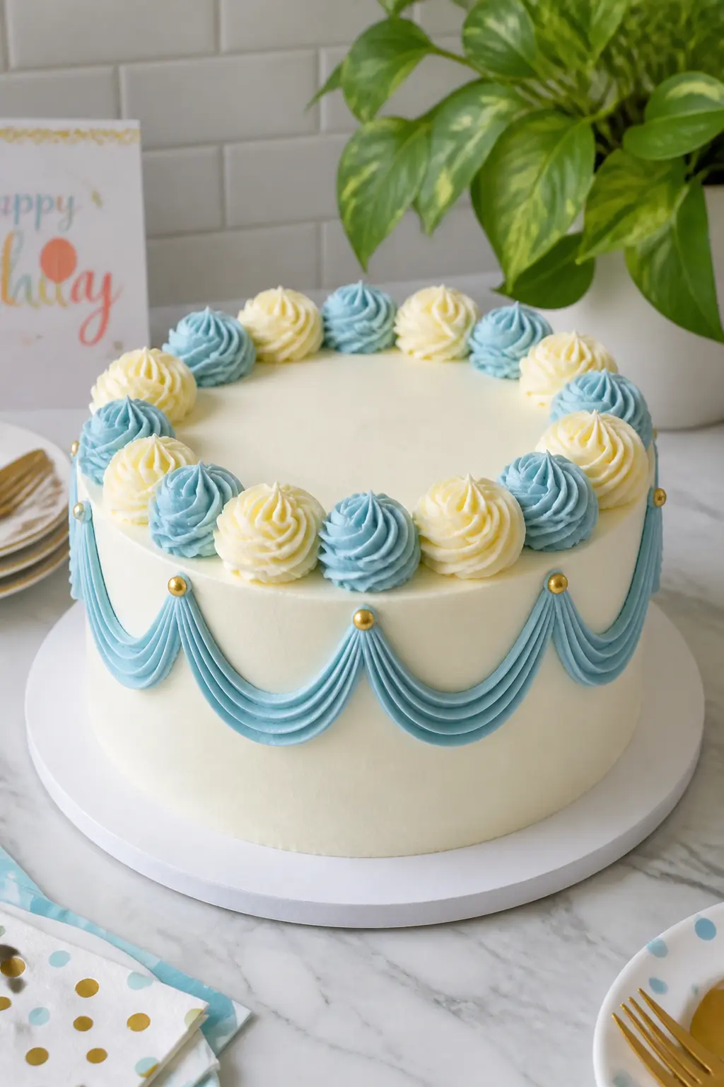 Sky Blue with Gold Dragee Swags — The swags here are piped in sky blue, then immediately dressed with a line of small gold dragees pressed gently into the