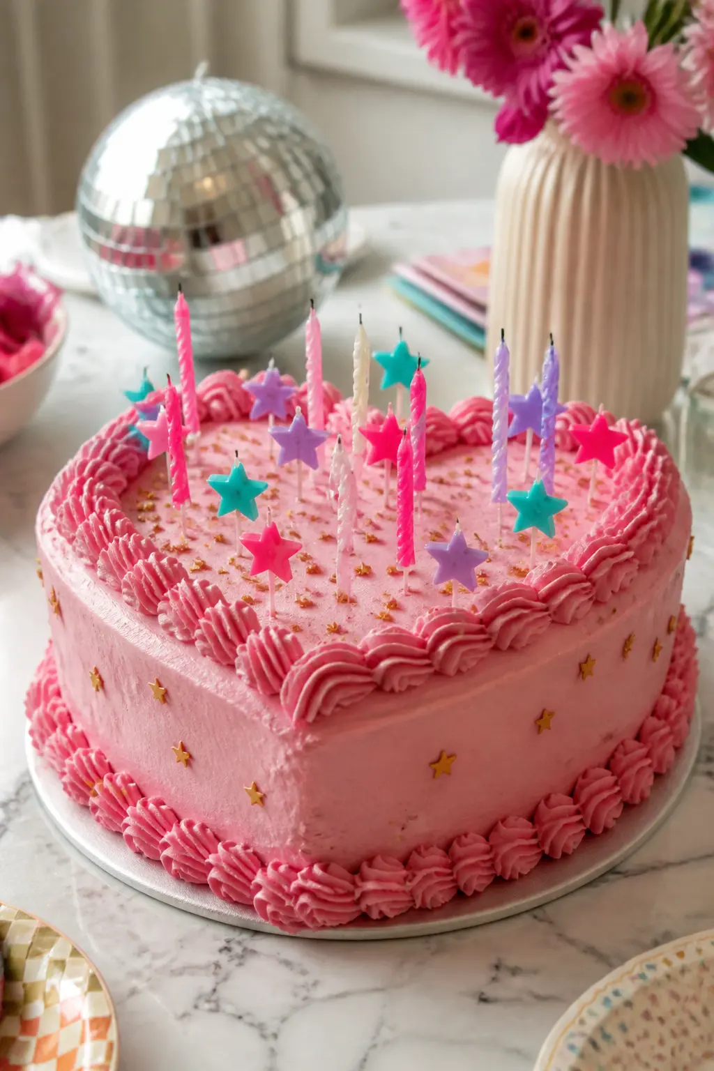Star-Candle Disco Heart Cake — A heart-shaped pink cake covered in piped shell borders and gold glitter sprinkles, then loaded with star-shaped candle picks in