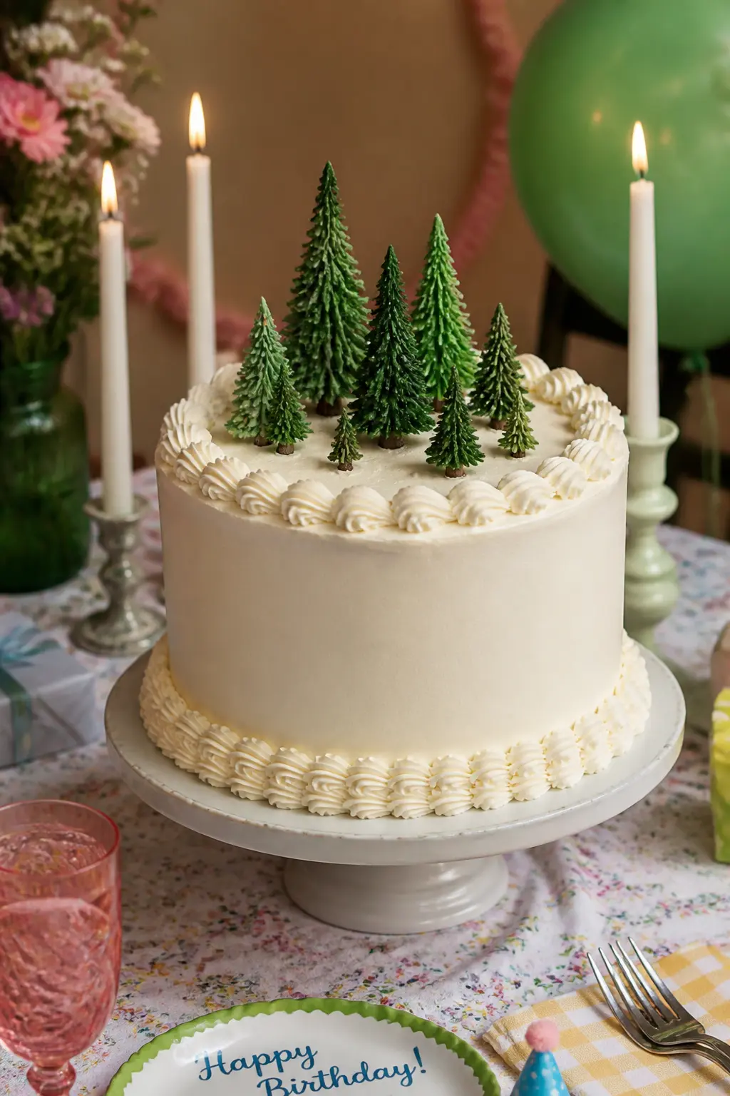Tall Taper Forest on a Cream Lambeth Cake — Very long, very thin taper candles, the kind usually seen on dinner tables, planted in a dense arrangement on the