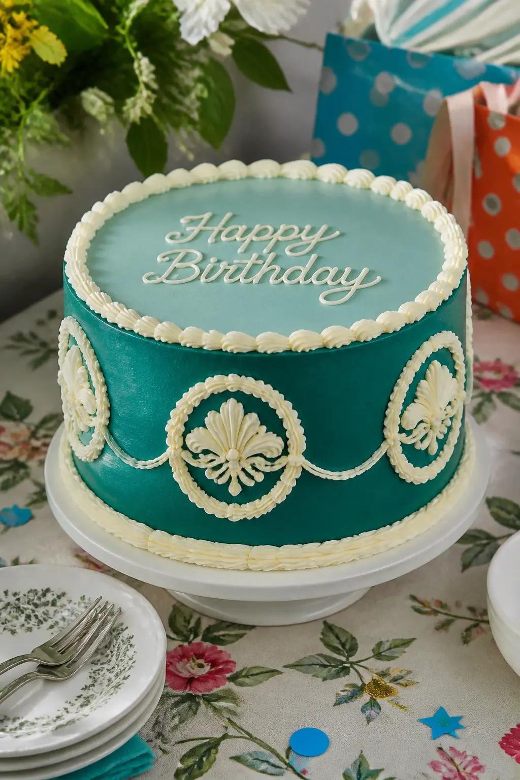 Teal and Cream Overpipe Medallion Cake — Medallion piping is an advanced Lambeth technique: a circular arrangement of drop-string loops, rosettes and bead