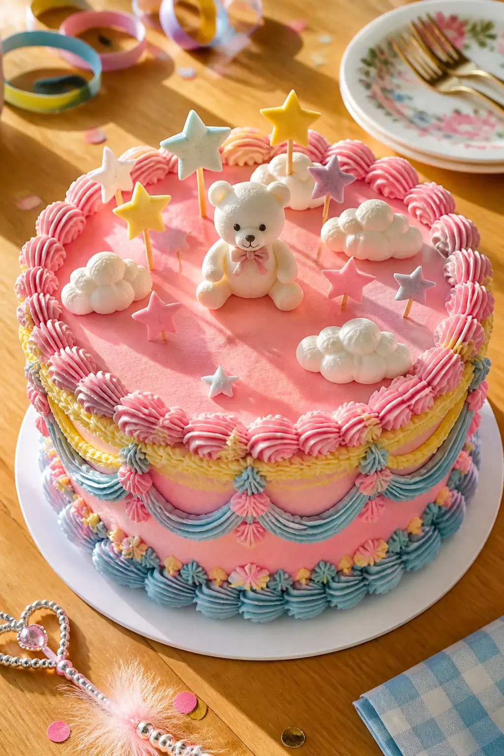 Teddy Bear and Star Candy Topper Cake — A single miniature white teddy bear figurine placed at the centre of the top surface surrounded by star-shaped candle