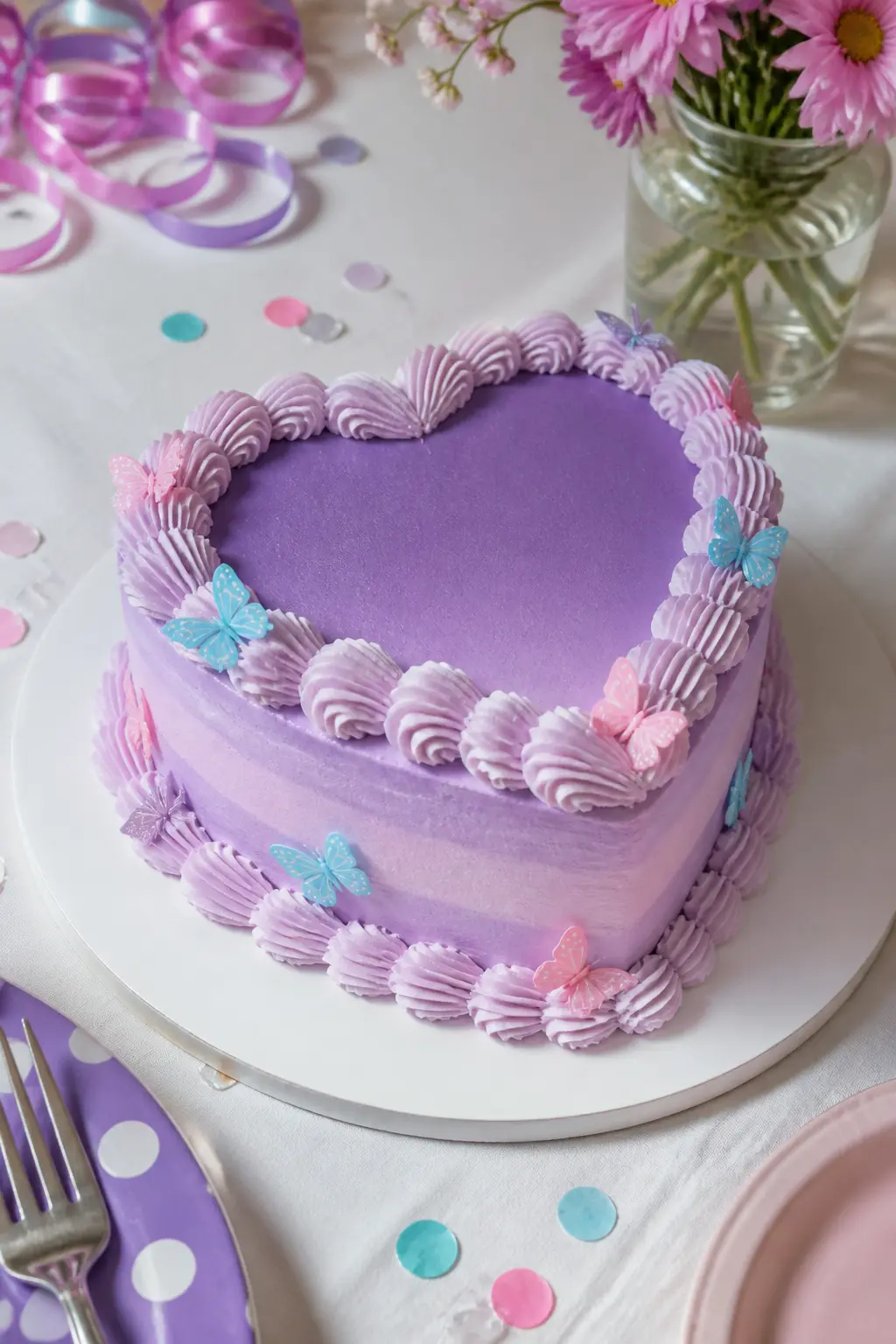 Two-Tone Lilac Heart with Butterfly Accents — Gradient heart cakes already perform well on social media. Lambeth birthday cakes