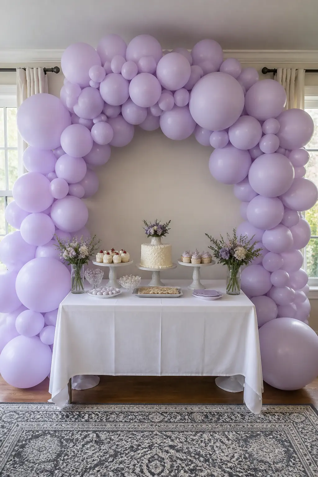 All-Matte Lavender Arch with No Metallics Behind a Dessert Table — A single-colour, single-finish arch in matte lavender is the most restrained option in this