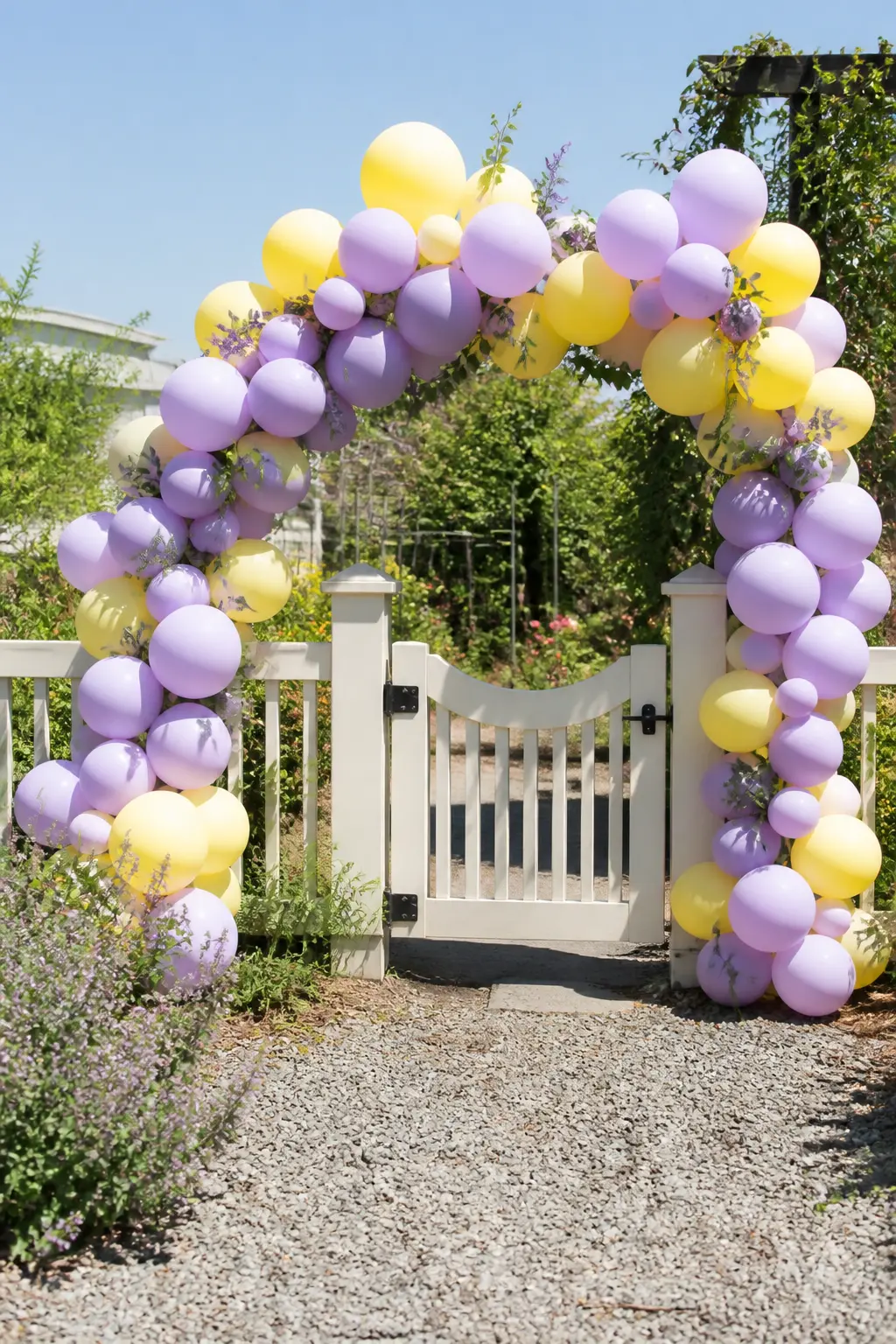 Lavender and Butter Yellow Arch Over a Garden Gate for a Spring Party — Butter yellow rather than lemon yellow is the difference between a spring palette and a