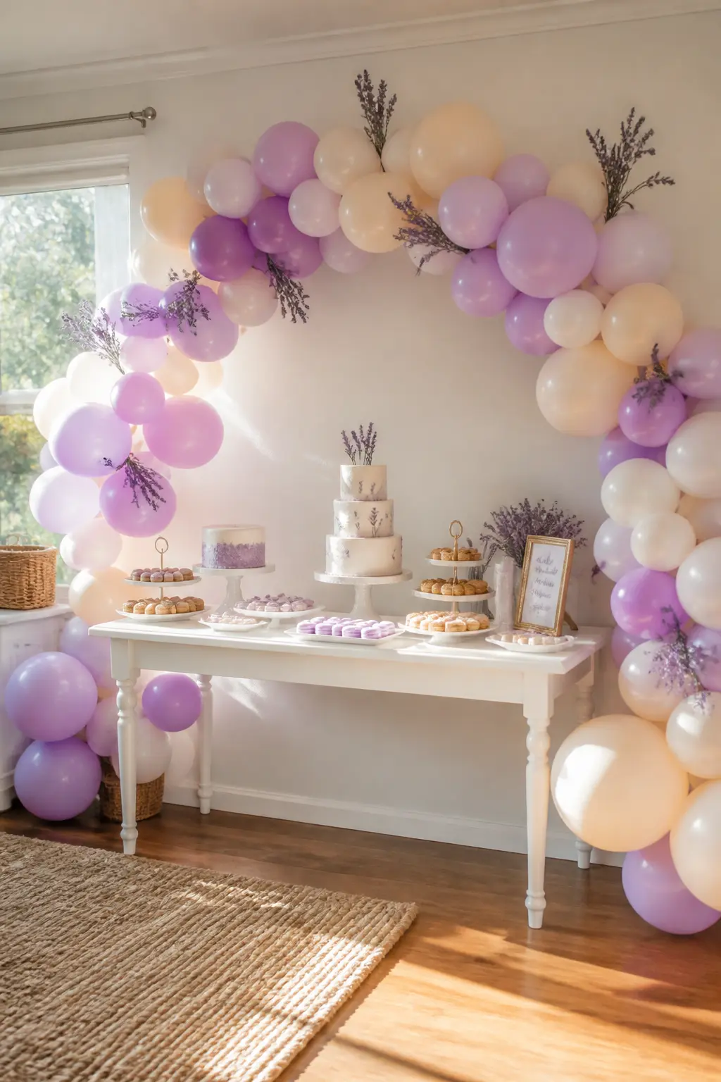 Lavender and Cream Arch Over a Baby Shower Dessert Table — Cream does something specific next to lavender: it adds warmth without sweetness. Lavender balloon