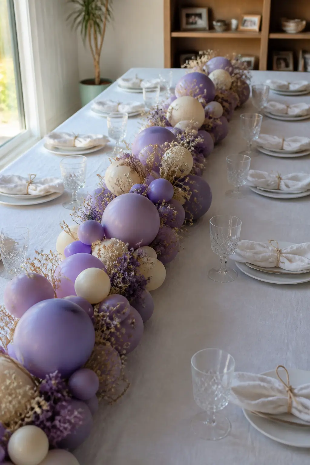 Lavender and Cream Low Garland Running the Length of a Long Lunch Table — A table-length low garland is a different installation logic from an arch: it runs