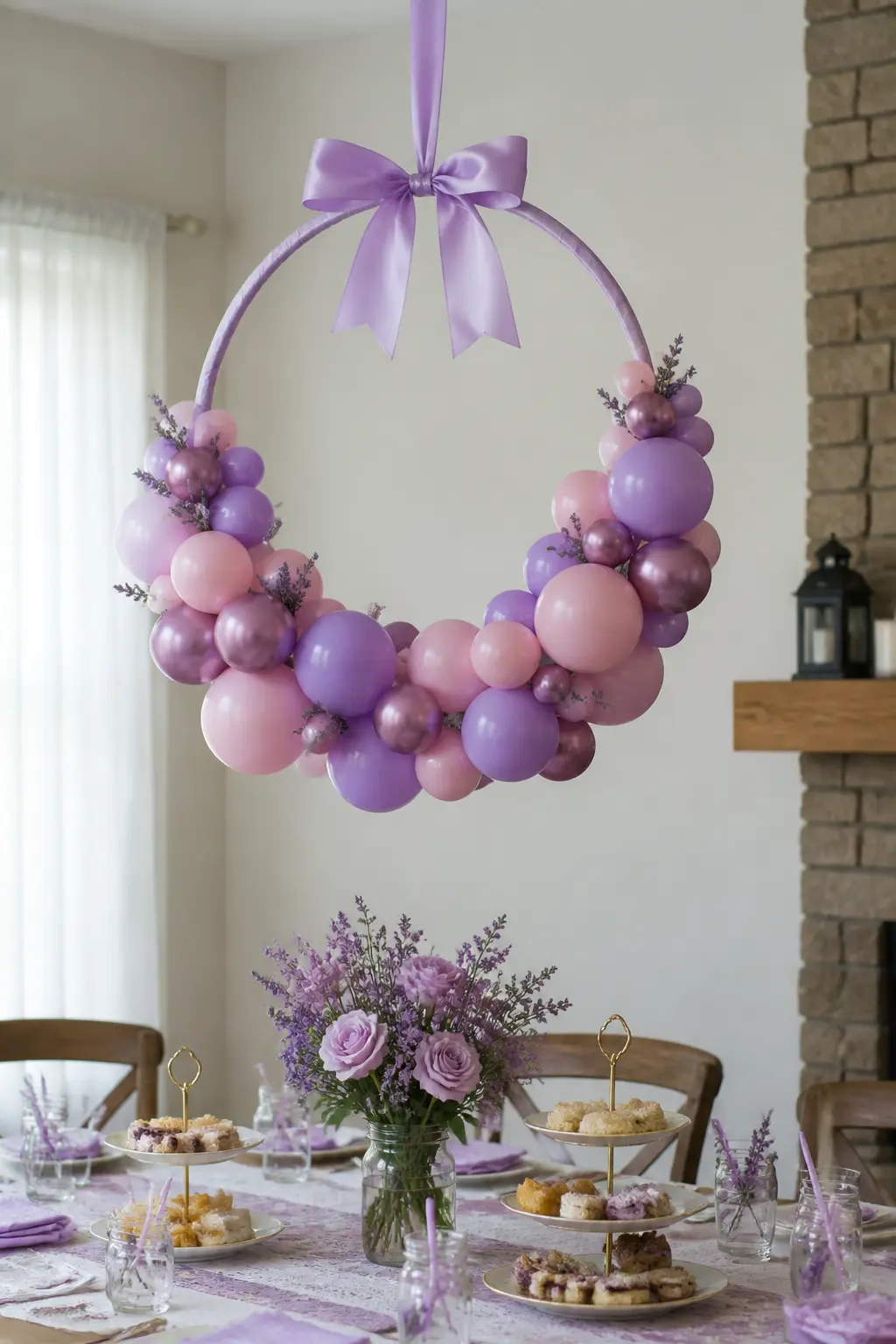 Lavender and Dusty Pink Hoop Above a Bridal Shower Table — Dusty pink rather than bright pink is what keeps this combination out of the children's party