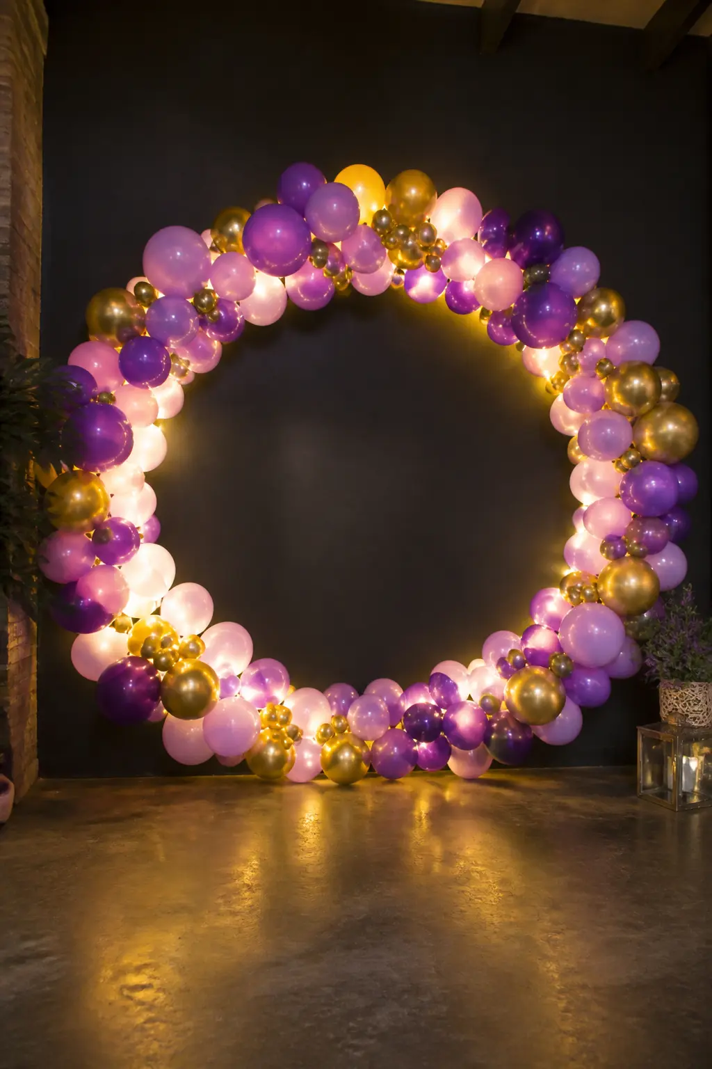 Lavender and Gold Full Circle at an Evening Party Photo Corner — A full circle arch lit from behind is the installation most likely to produce every guest's