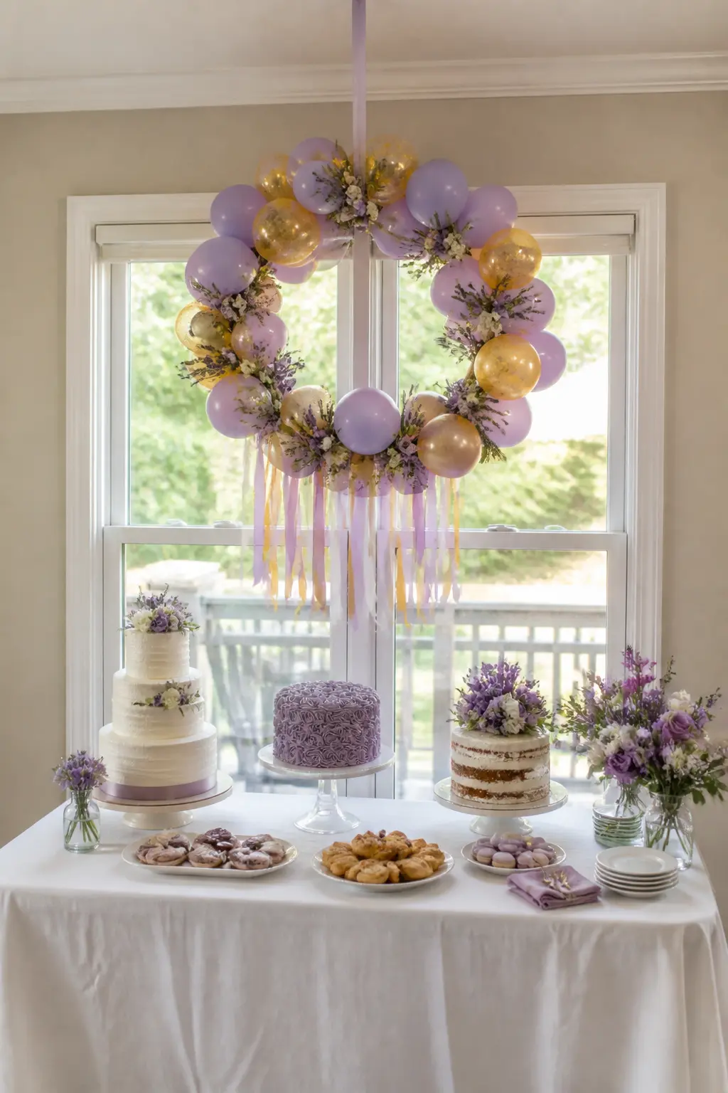 Lavender and Gold Hoop Above a Dessert Table with Trailing Ribbons — A hoop above a dessert table keeps the visual focus on the table itself rather than
