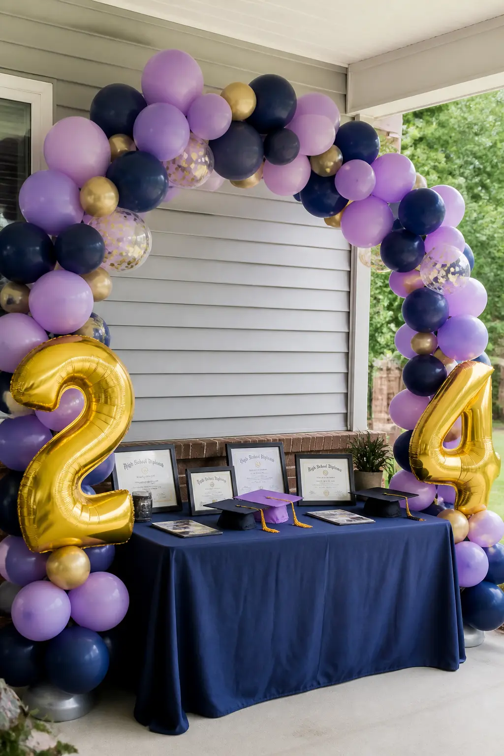 Lavender and Navy Arch at a Graduation with Number Balloons — Navy is the most credibly academic pairing for lavender. Lavender balloon arch