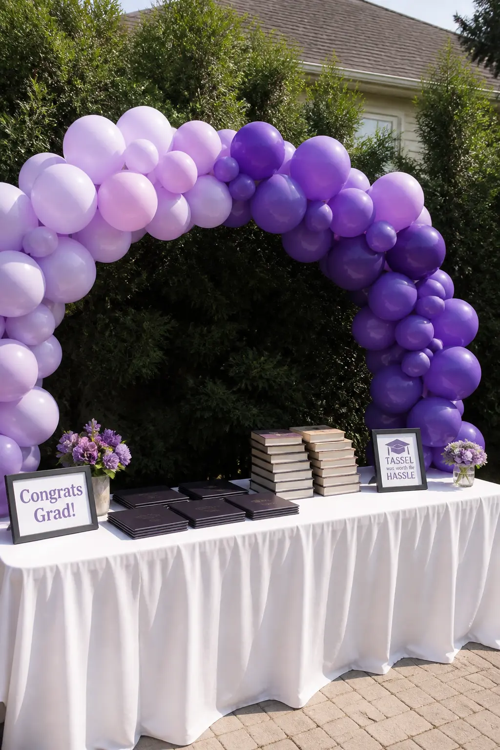 Lavender Ombre Arch from Pale to Deep Purple Behind a Graduation Table — An ombre arch requires planning the balloon order before you build: the palest